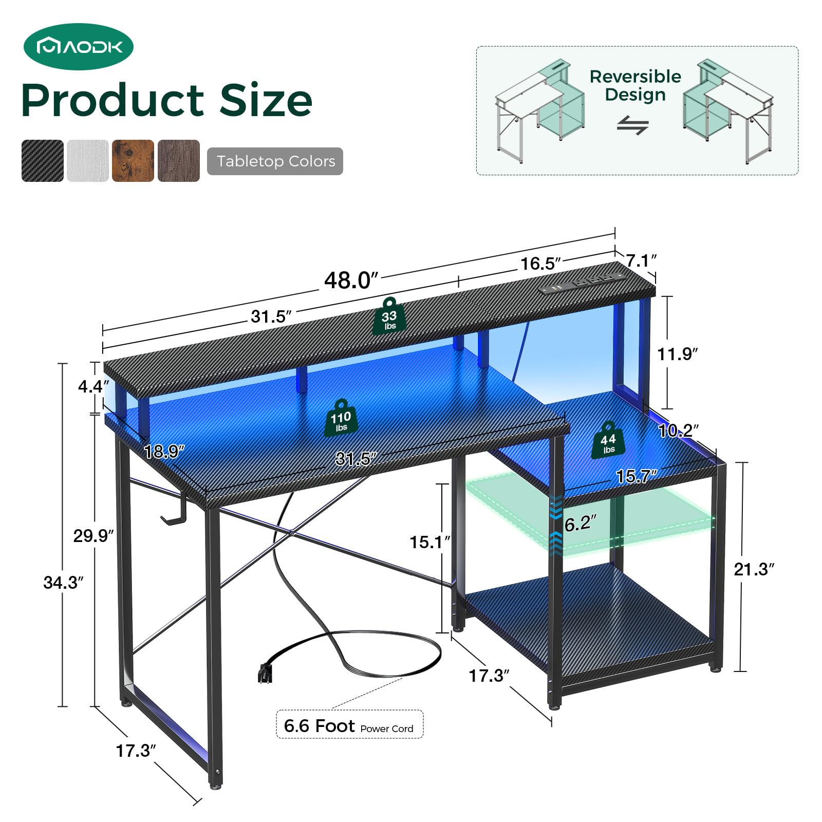 AODK 48 Inch Gaming Computer Desk with LED Lights & Power Outlet - Carbon Fiber Black Office Desk with Monitor Shelf, Headphone Hook & Printer Storage | Perfect for Home Office, Gaming Setup & Workspace Organization