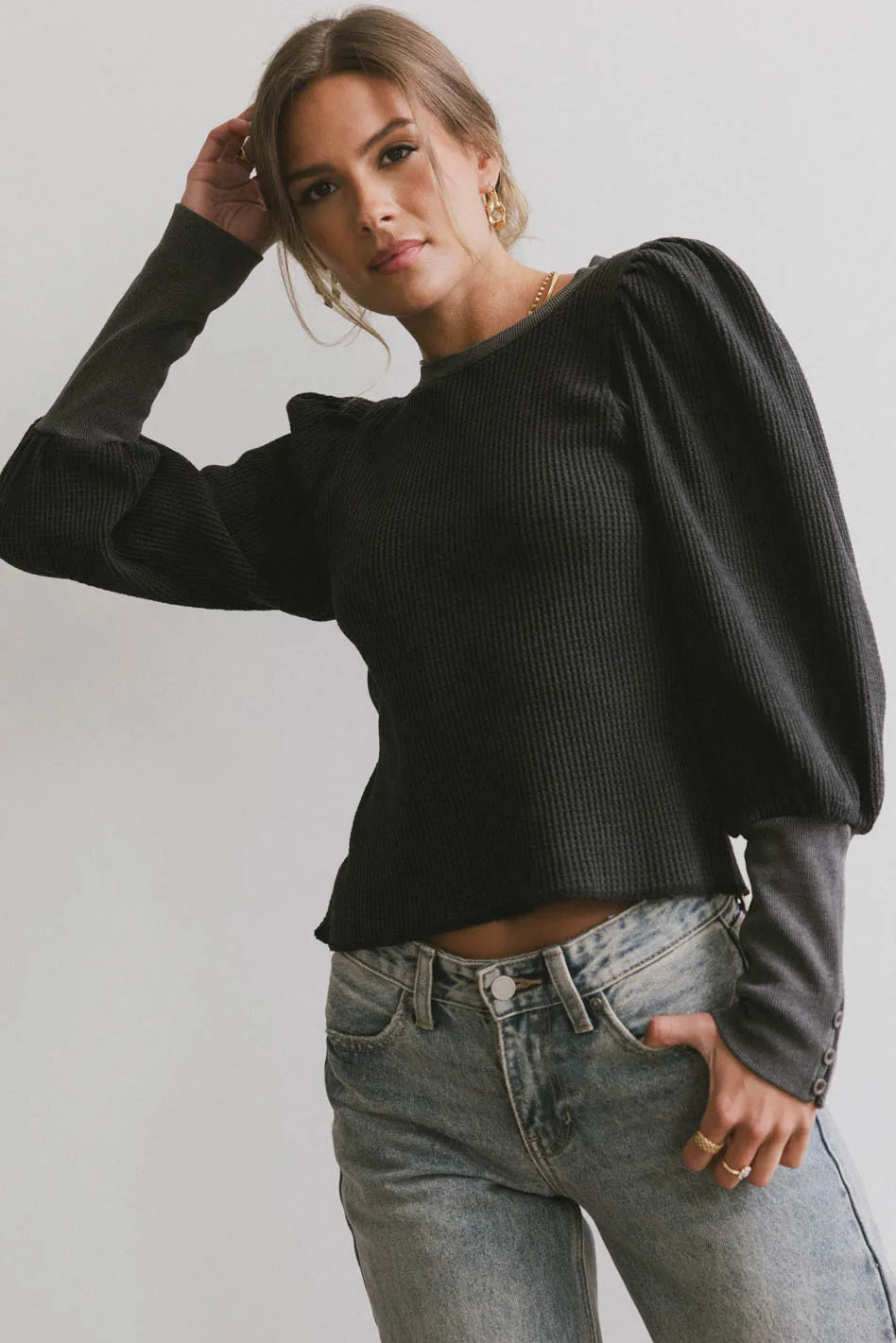 Lettie Waffle Knit Top Women's Long Sleeve Shirt - Soft Black Thermal Sweater for Fall & Winter | Casual Outfits, Layering, Office Wear