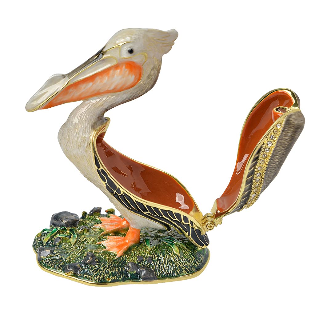 Golden Crystal Enameled Pelican Jewelry Box - Hand-Painted Hinged Bird Trinket Box for Necklaces & Rings | Elegant Home Décor & Unique Gift for Bird Lovers | Perfect for Dresser Display, Wedding Favors & Collectors