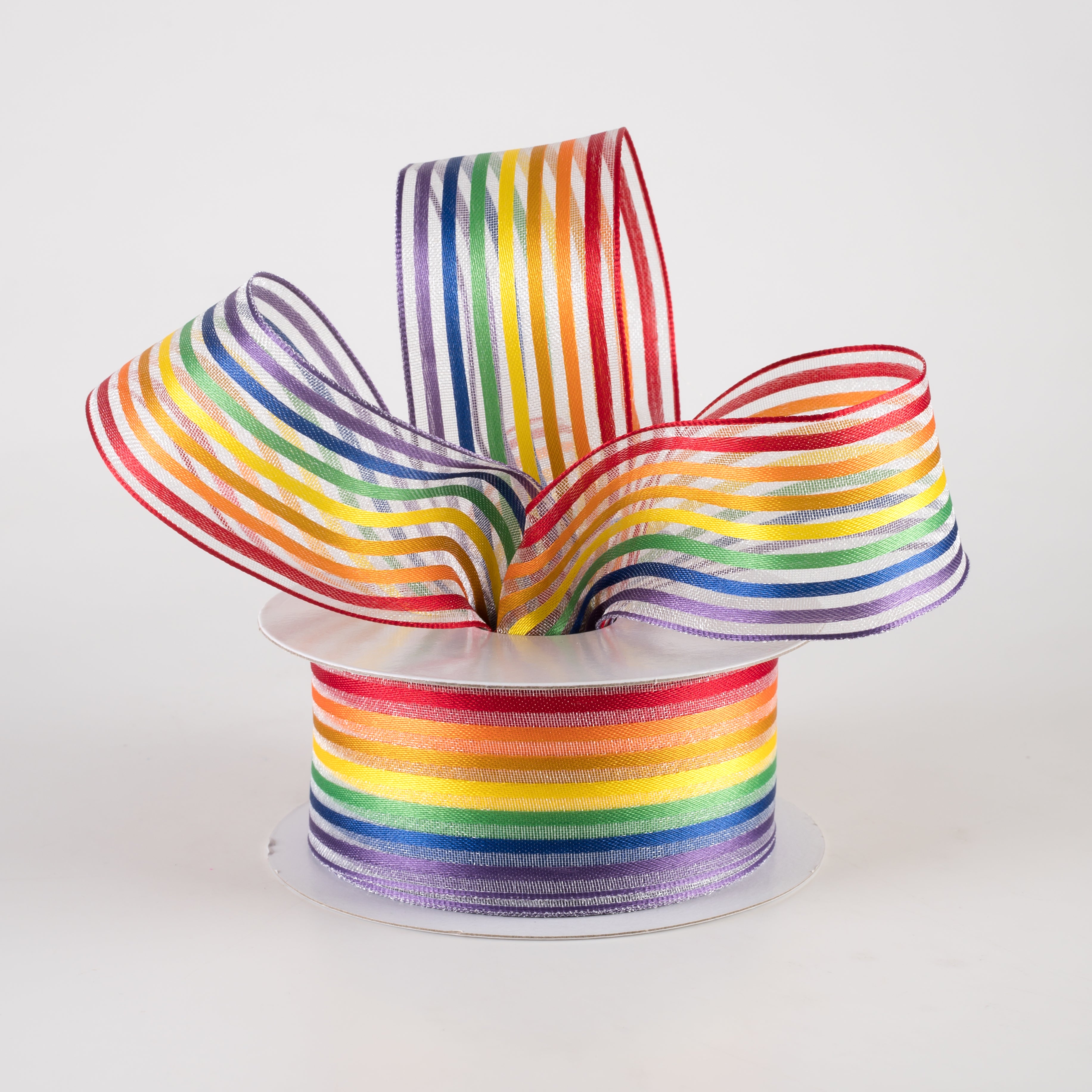 1.5 Inch Rainbow Stripes White Sheer Woven Ribbon - 10 Yards Bulk Roll for Gift Wrapping, DIY Crafts, Hair Bows, Scrapbooking & Party Decorations