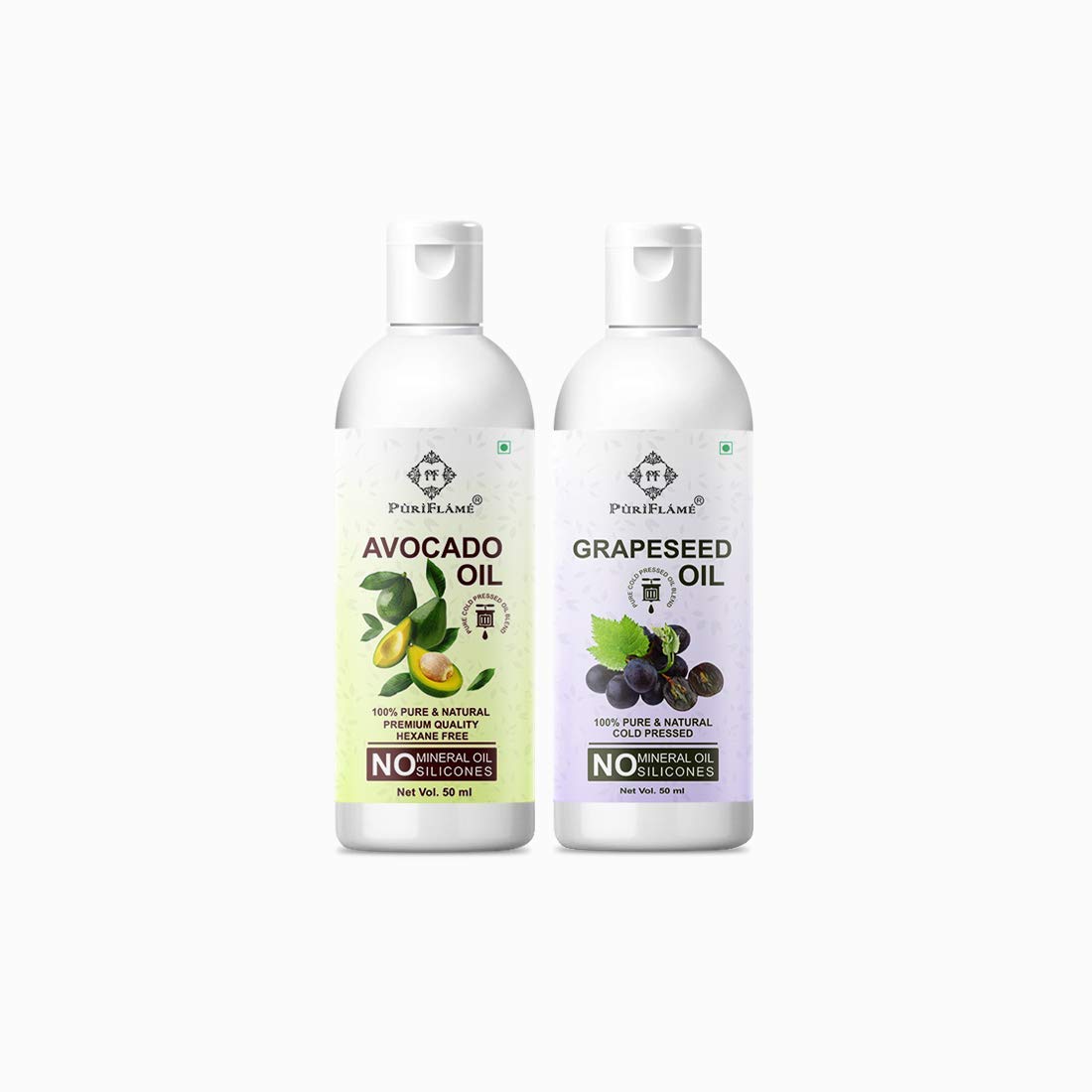 PuriFlame 100% Pure Avocado Oil & Grapeseed Oil Combo (50ML Each) for Hair Growth, Anti-Hair Fall & Split Ends Treatment - Promotes Soft, Shiny Hair (2-Pack) | Natural Hair Care for Daily Nourishment & Styling