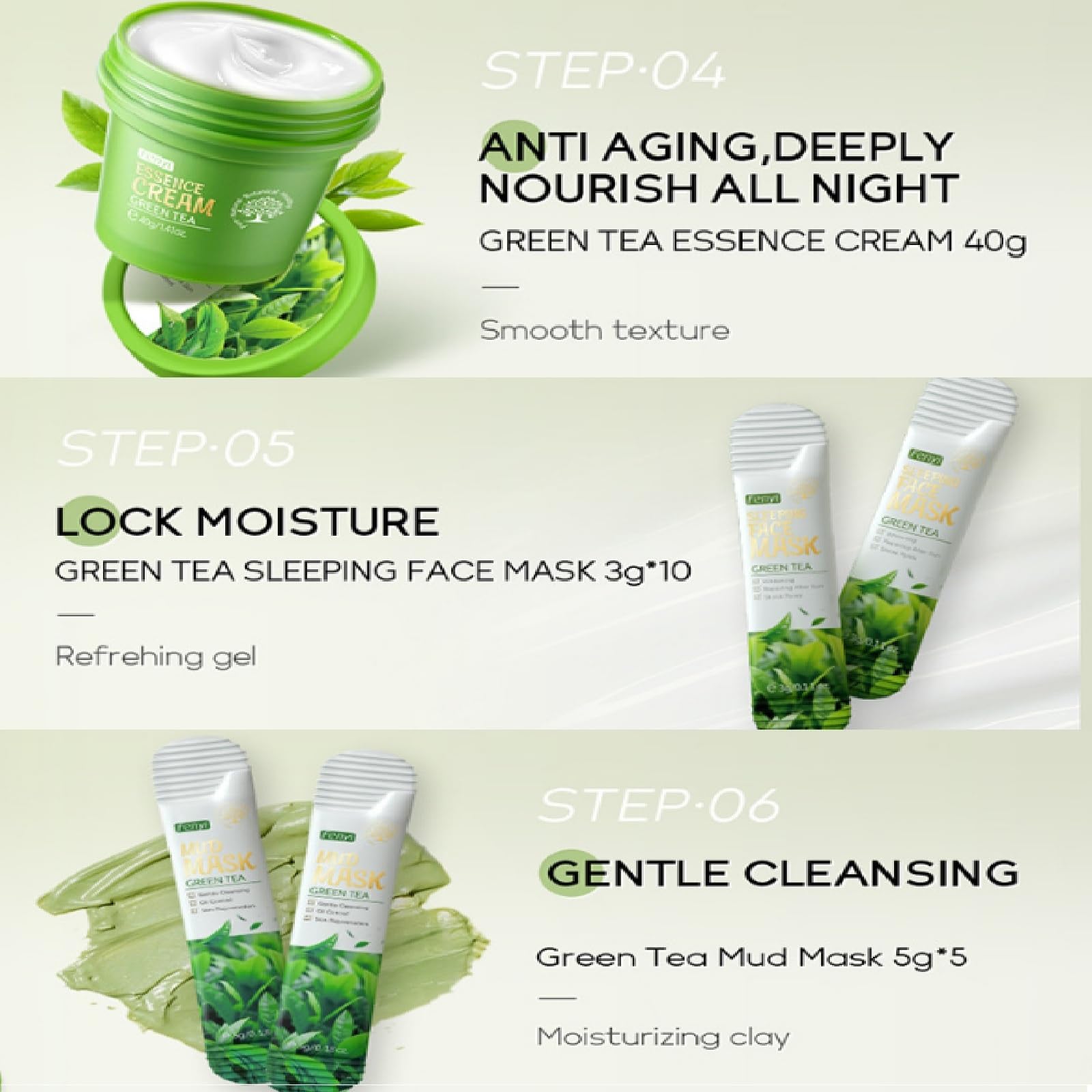 Green Tea Skincare Set - 19-in-1 Natural Skincare Gift Set with Cleanser, Serum, Cream, Eye Cream & Masks | Moisturizing Facial Care Kit for Teen Girls | Perfect for Daily Routine & Spa Night