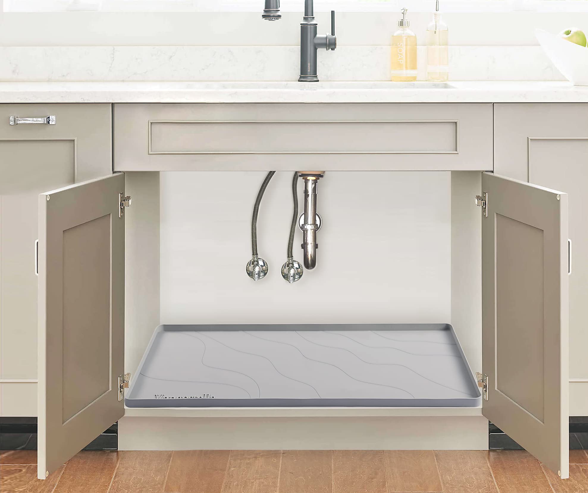 Heavy Duty Under Sink Mat 28x22 Inch - Extra Thick Silicone Waterproof Cabinet Liner for Kitchen & Bathroom - Durable Drip Leak Spill Protector - Non-Slip Gray Sink Mat - Perfect for Countertop, Cabinet & Floor Protection