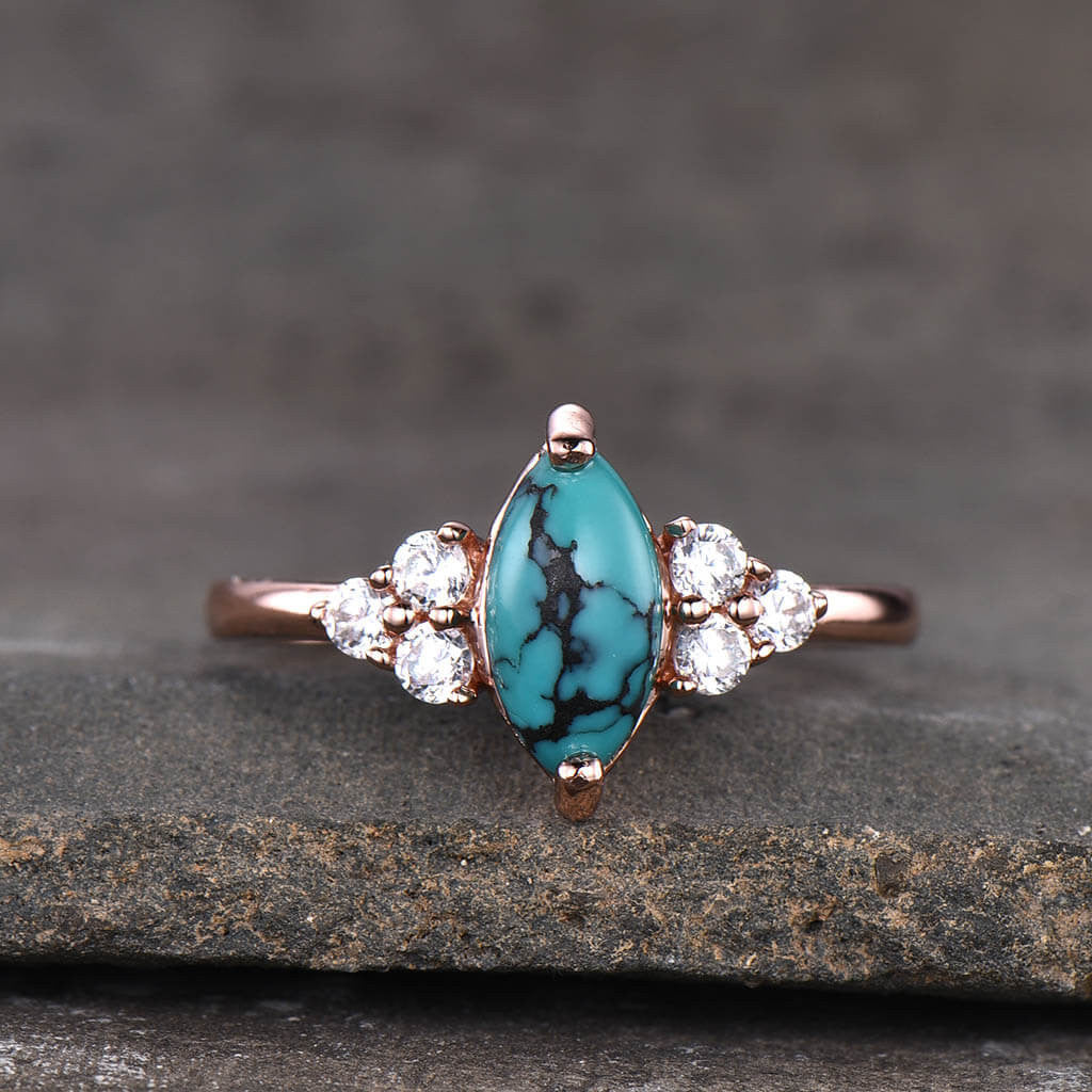 Marquise Turquoise Engagement Ring with Three Diamond Side Stones in 14k Gold Band - Perfect for Proposals, Weddings & Anniversary Gifts