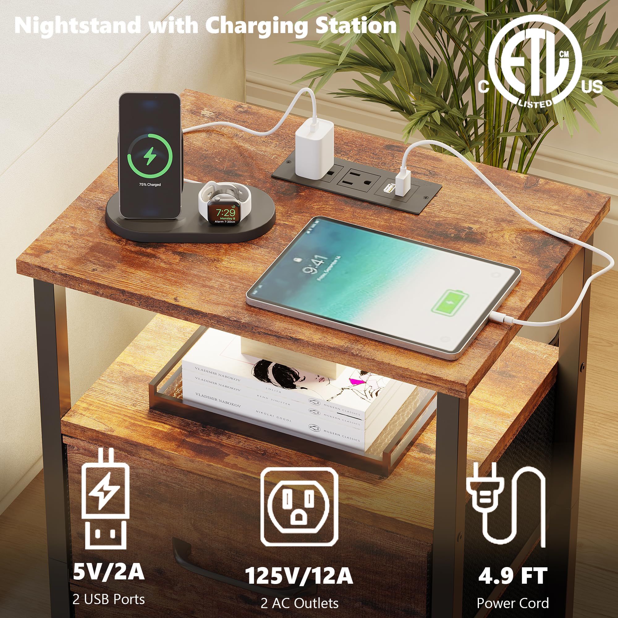 2-Piece Nightstand Set with USB Charging Station & LED Lights - Rustic Brown Bedside Tables with 2 Fabric Drawers & Open Shelf - Perfect for Bedroom, Living Room, or Dorm Organization & Storage