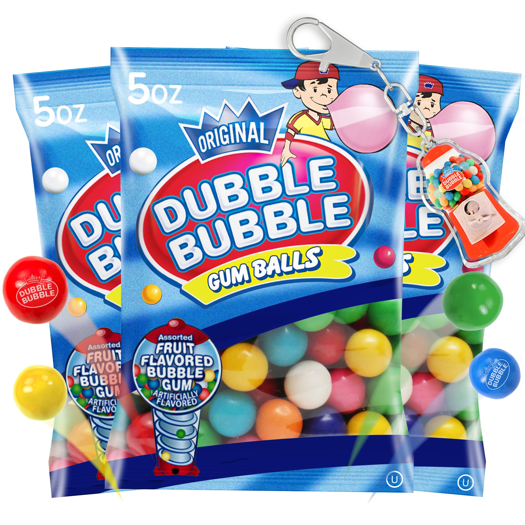 Double Bubble Gum Balls Refill for Gumball Machine - 15 oz (3-Pack) - Antique Style Bubble Gum with Keychain - Perfect for Christmas Gifts & Candy Dispensers - Great for Parties, Vending Machines, and Retro Candy Displays