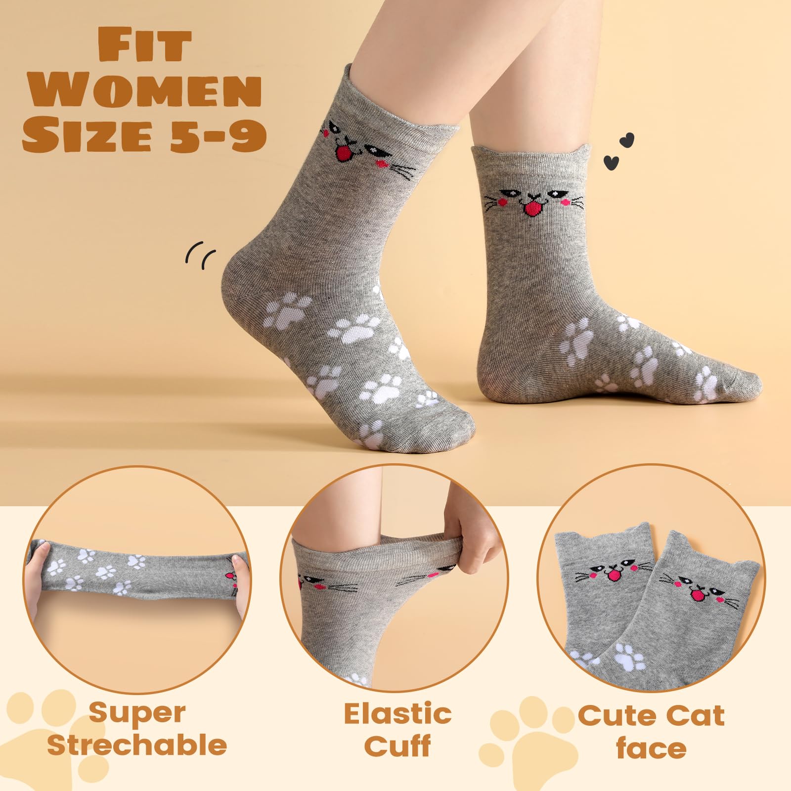 Women's Cat Socks - 5 Pairs Colorful Cute Animal Crew Socks | Novelty, Soft Knit, Cozy & Comfortable | Perfect for Gifts, Cosplay & Everyday Wear