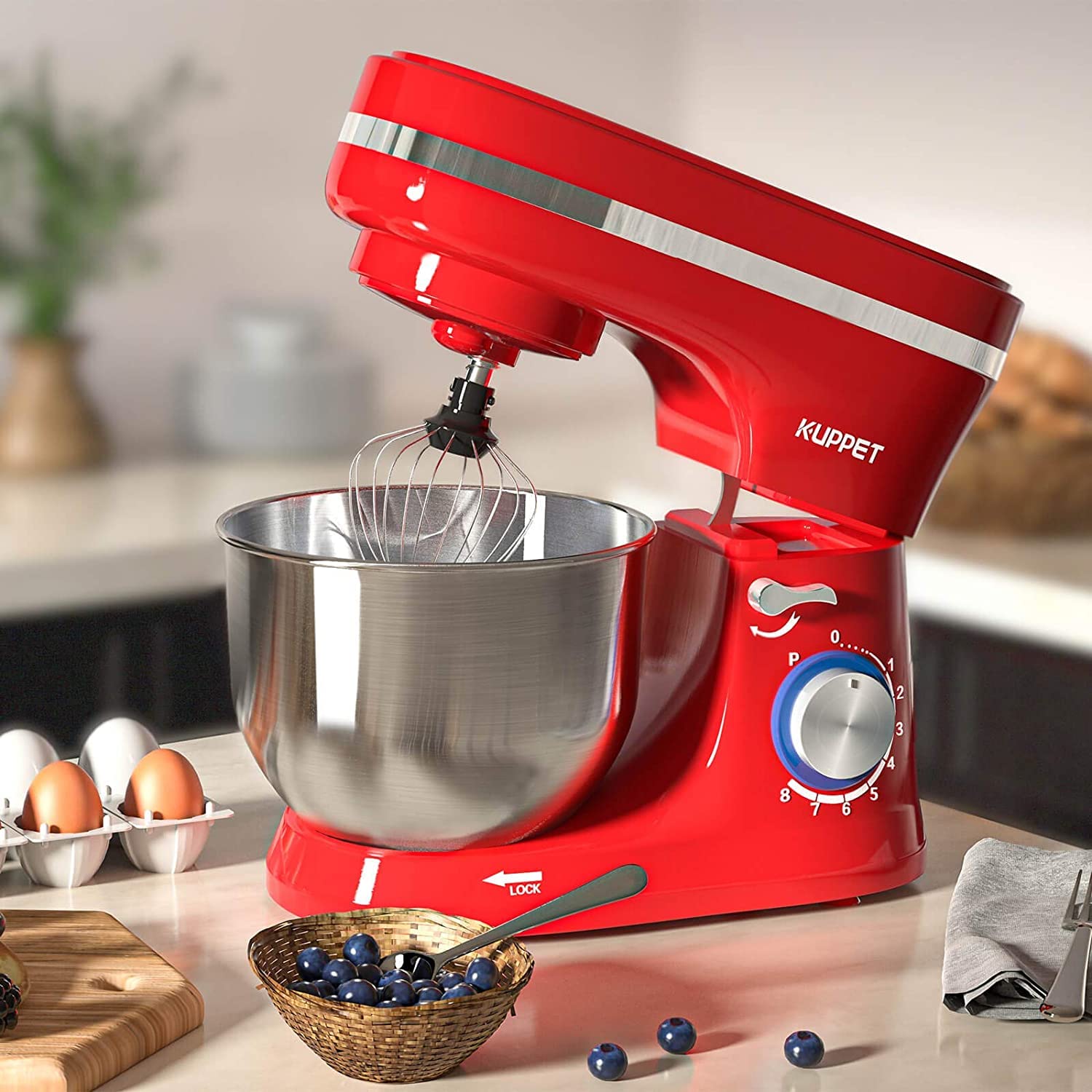 KUPPET 8-Speed Tilt-Head Stand Mixer with 4.7QT Stainless Steel Bowl - Includes Dough Hook, Wire Whip & Beater, Pouring Shield - Perfect for Baking Bread, Cakes, Cookies & More (Red)