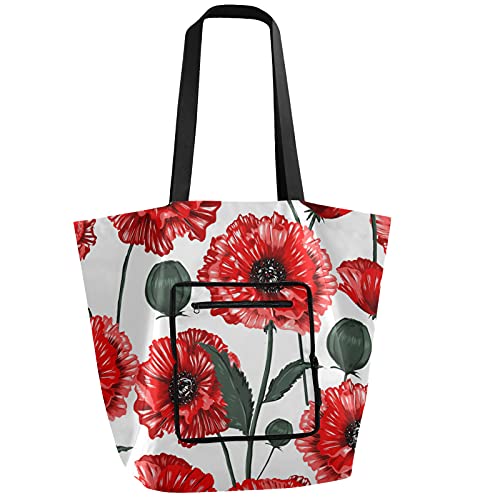 Foldable Reusable Tote Bag with Blooming Red Poppy Flowers Design - Heavy Duty Grocery Shopping Bag for School, Beach, Travel, Gym & Swim | Perfect for Daily Use, Picnics and Outdoor Activities