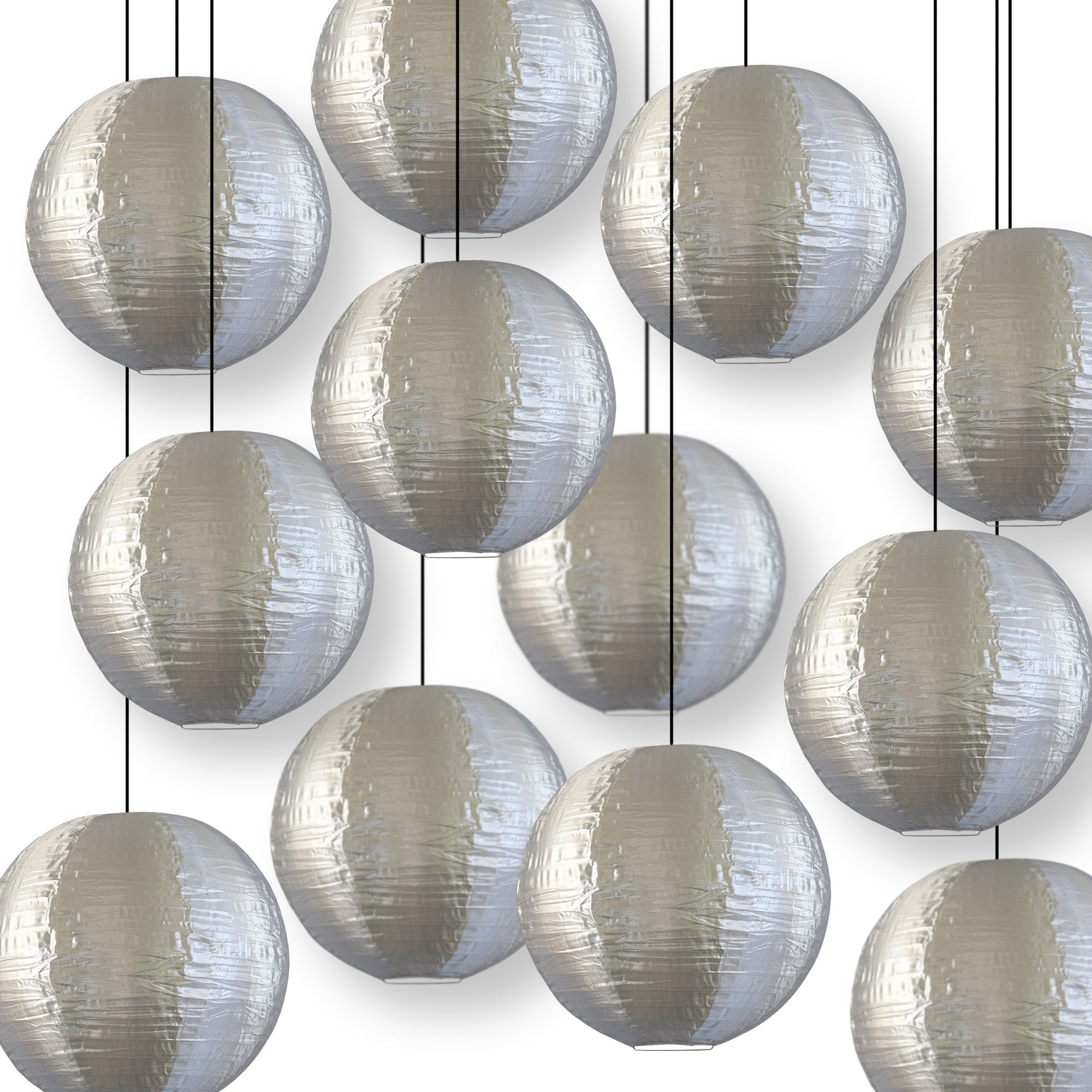 12 Pack Silver Shimmering Nylon Lanterns - Even Ribbing, Durable Hanging Decorations for Wedding, Party & Home Decoration