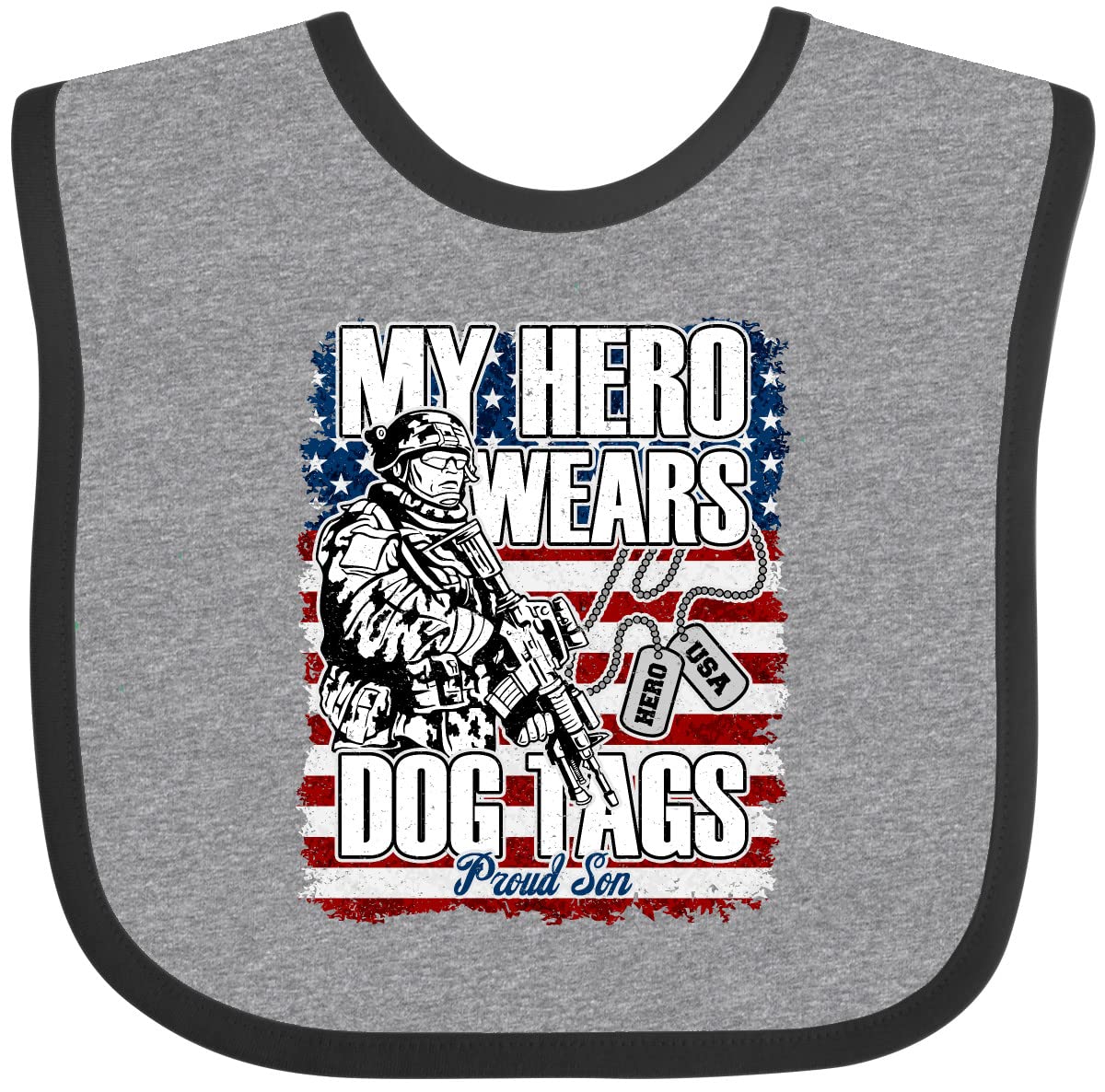 Inktastic Proud Son Hero Wears Dog Tags Military Dad Baby Bib - Soft Cotton Drool Bib for Infants, Perfect Gift for Army Dad & Military Families - Mealtime, Playtime & Photo Shoots