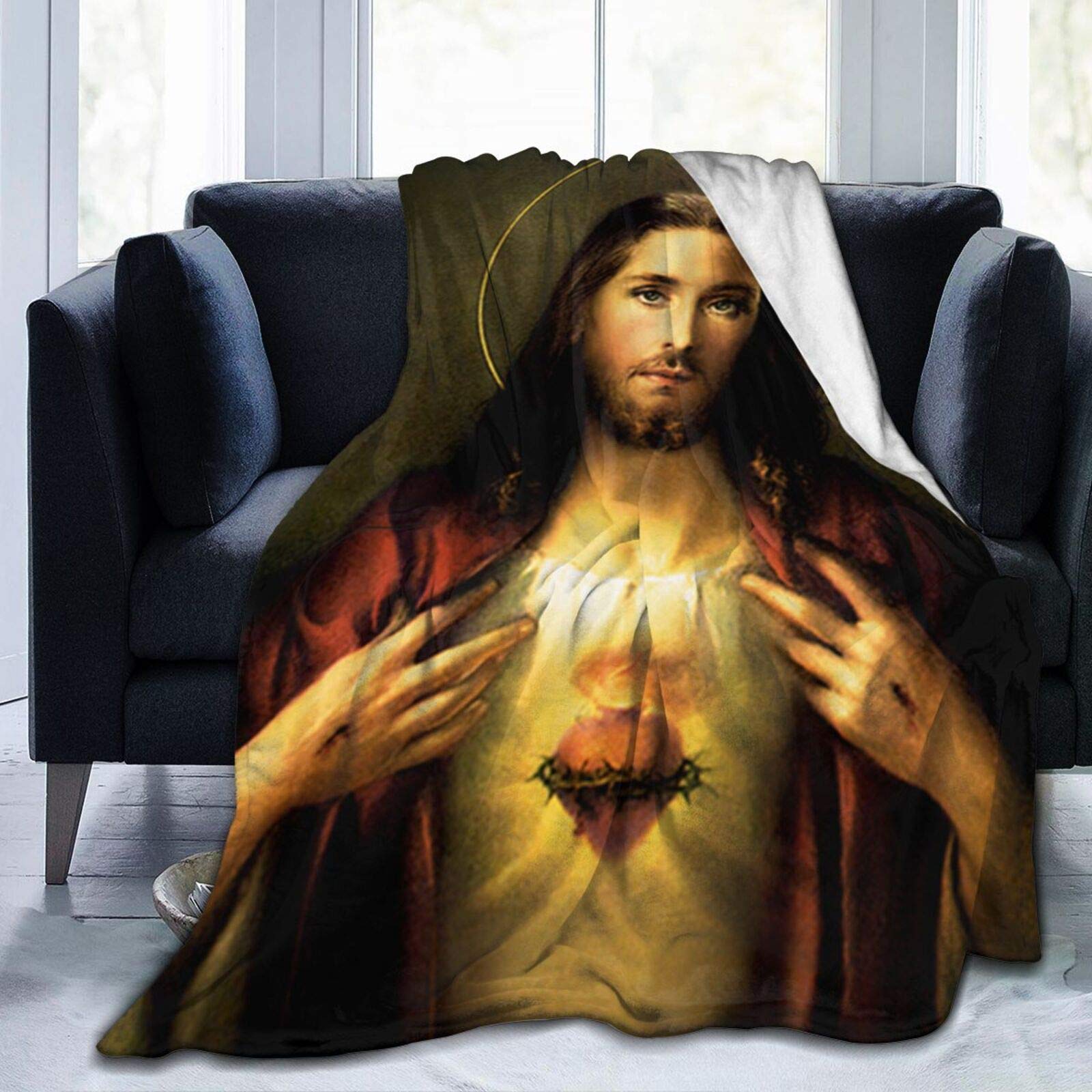 Jesus Christ Sacred Heart Throw Blanket - Ultra Soft Micro Fleece Blanket for Bed, Couch & Living Room - 80x60 Inches - Cozy Warm Blanket for Prayer, Meditation & Relaxation