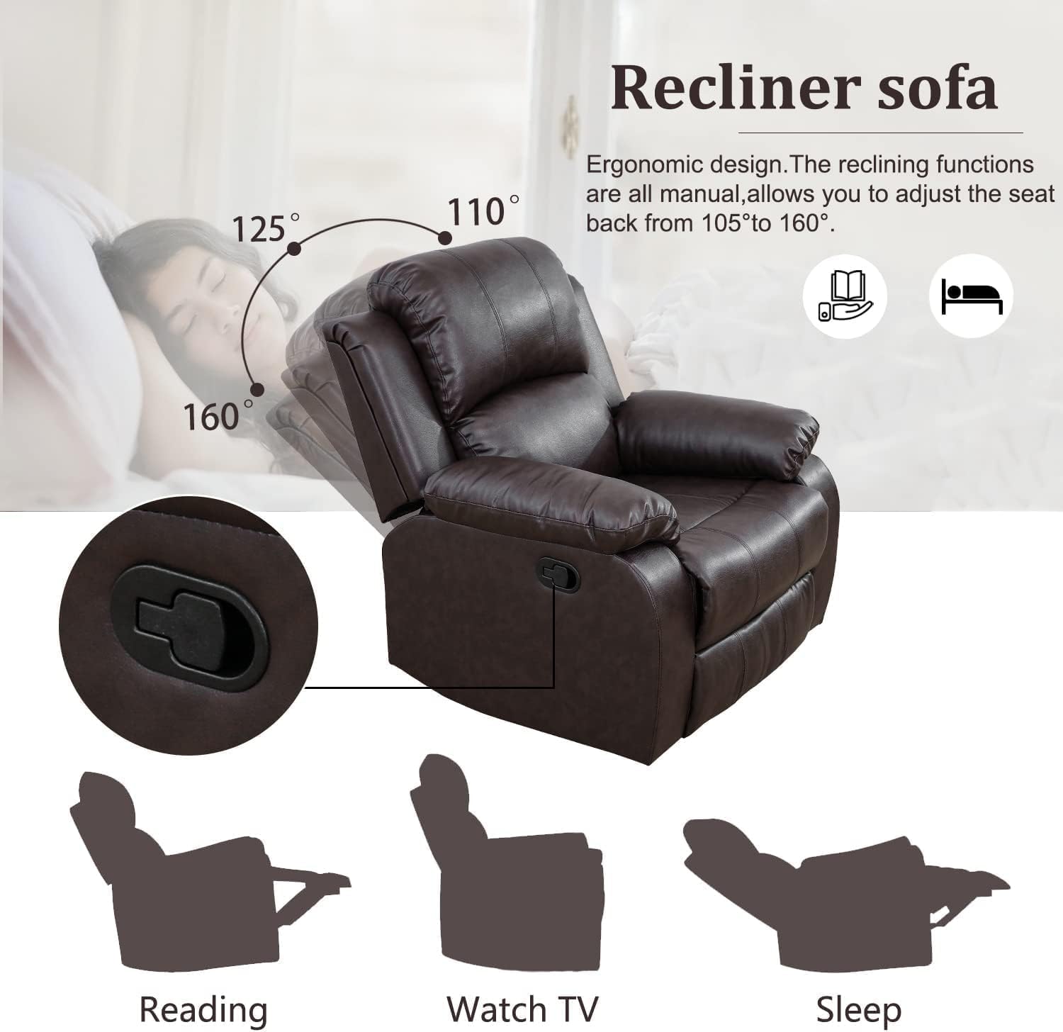 Premium Bonded Leather Reclining Sofa Set - 3 Piece Living Room Furniture (Loveseat & Recliners, Black) for Home Theater & Family Relaxation