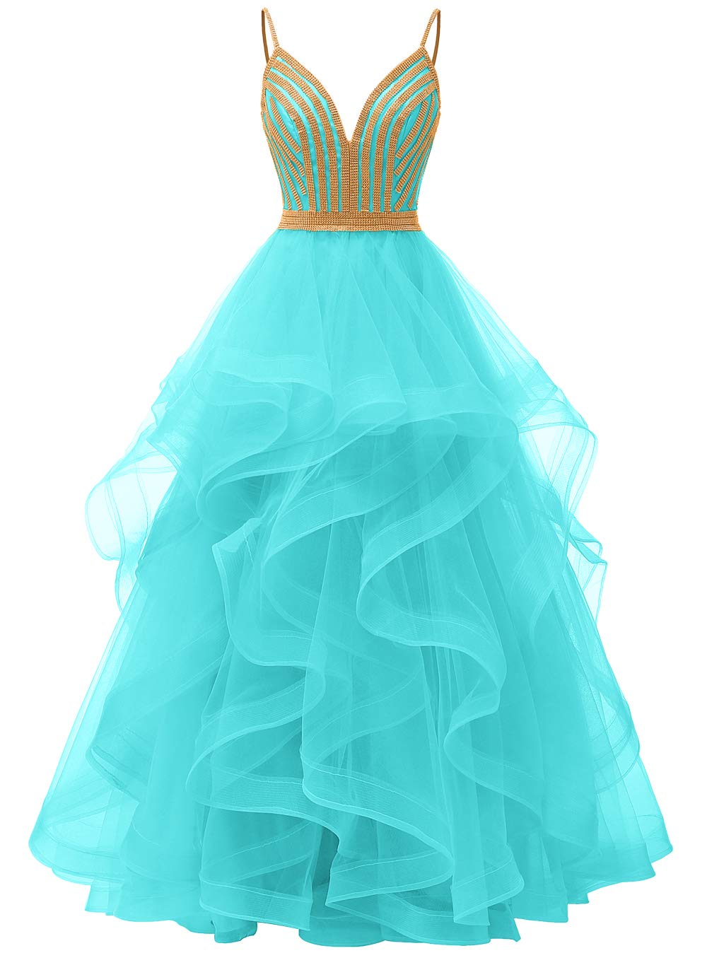 Chupeng Women's Gold Crystal Tiered Tulle Prom Dress - Elegant Spaghetti Strap Long Formal Evening Gown for Cocktail Party, Homecoming, Wedding & Special Occasions