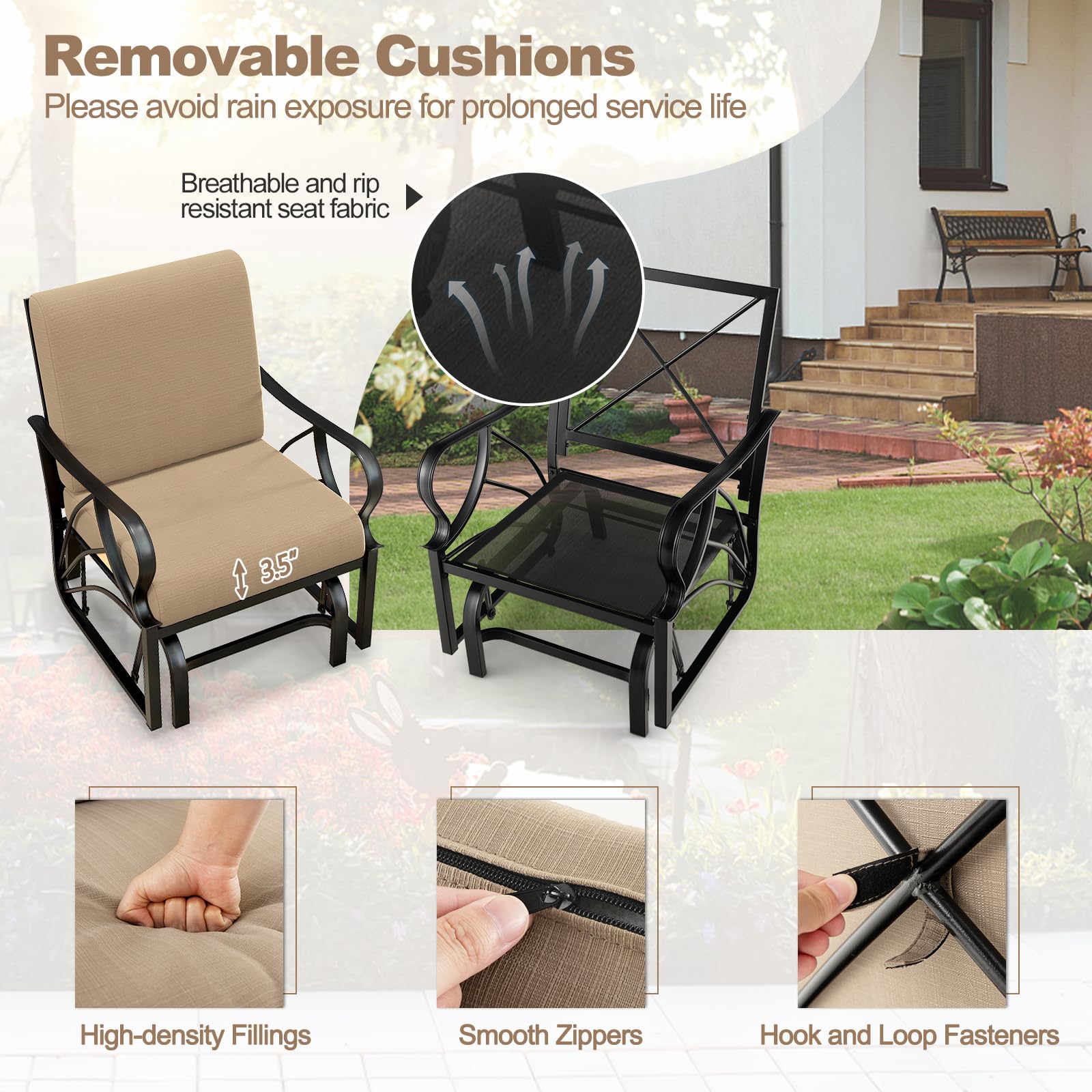Tangkula Outdoor Patio Glider - Heavy Duty Metal Frame Rocking Chair with Comfortable Cushion, Ergonomic Design & Curved Armrests for Smooth Gliding Motion - Perfect for Porch, Garden, Deck or Backyard Relaxation (Set of 2)