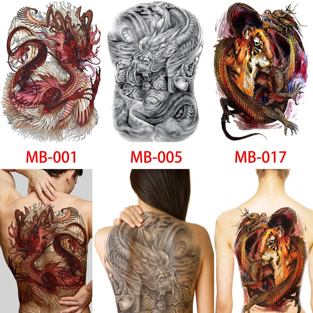 Glaryyears Large Full Back Temporary Tattoo - 3 Pack Realistic Fake Tattoo Stickers for Adults (Dragon & Tiger Designs) - Perfect for Halloween, Cosplay & Body Art