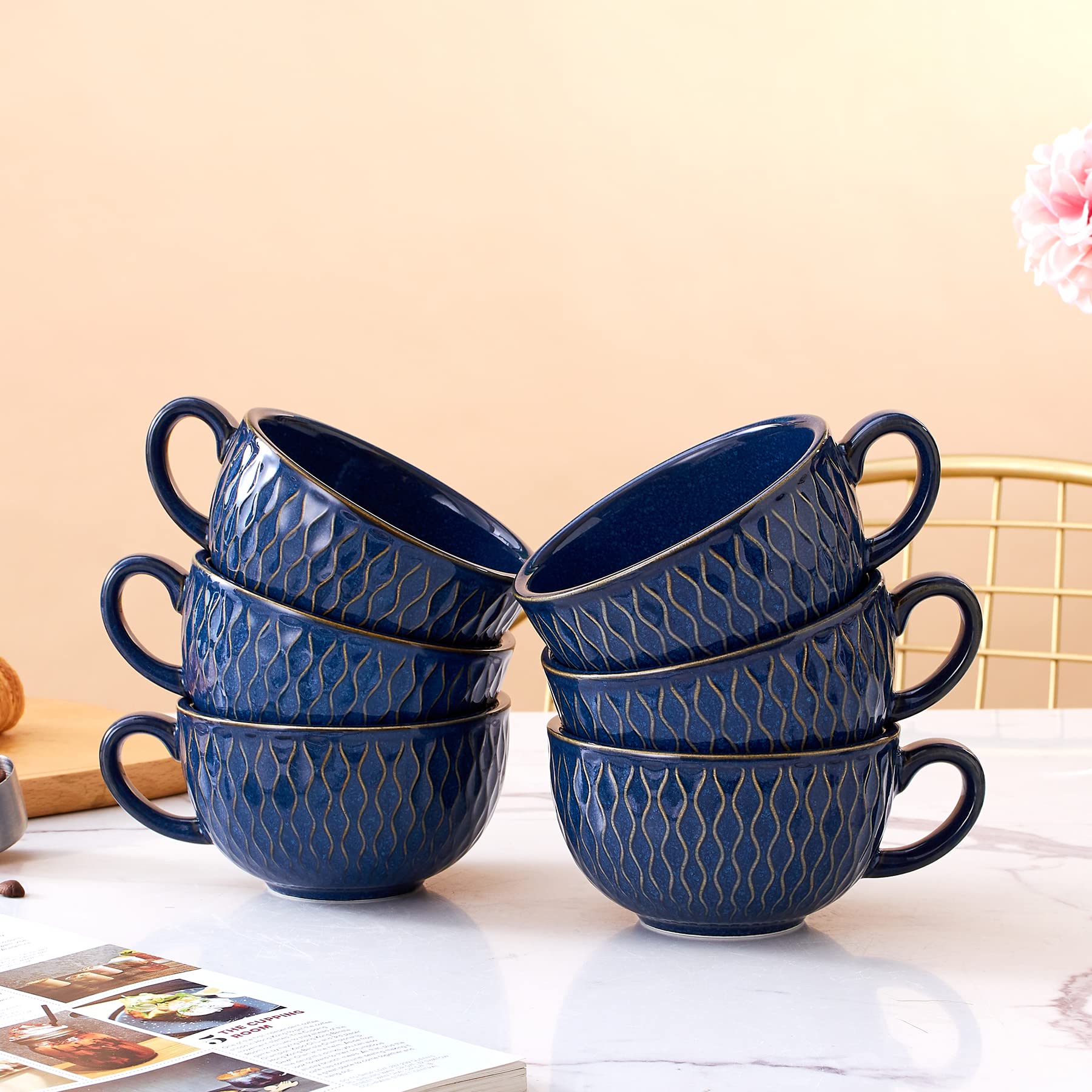 6-Pack Vintage Embossed Blue Ceramic Coffee Cups - 12 oz Professional Barista Latte Art Cappuccino Mugs Set for Home, Cafe & Restaurant Use