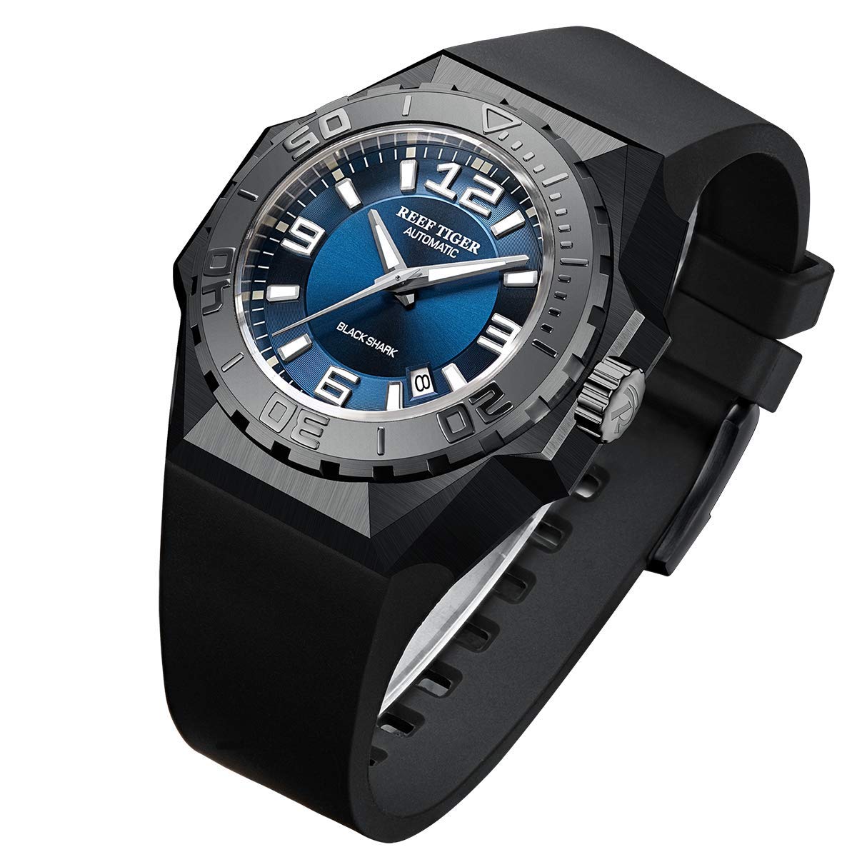 REEF TIGER RT RGA6903 Military Automatic Dive Watch for Men - Blue Dial, Black Stainless Steel - Waterproof, Shock Resistant for Outdoor, Sports & Diving