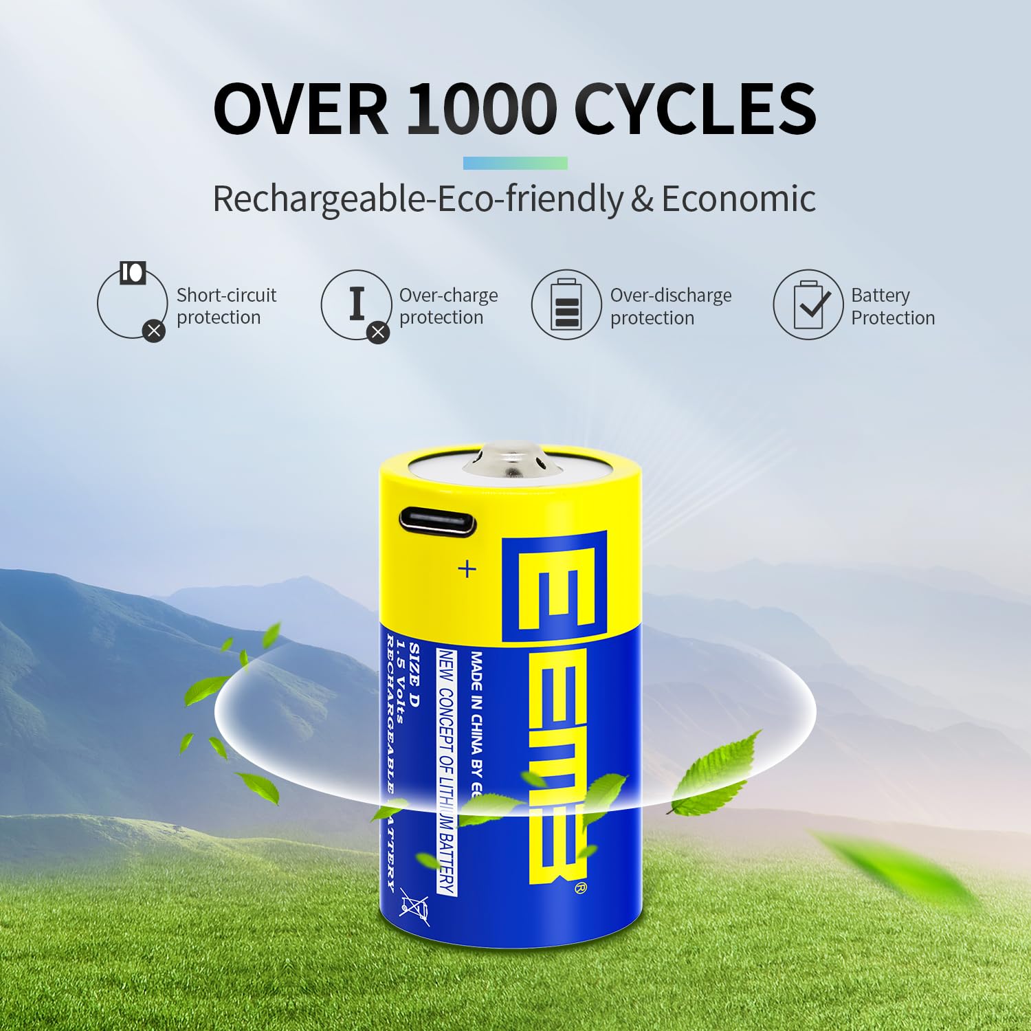 EEMB 2-Pack Rechargeable D Cell Batteries 1.5V Lithium USB-C Charging LR20 D Batteries - Long Lasting Power for Flashlights, Emergency Kits & Camping Gear