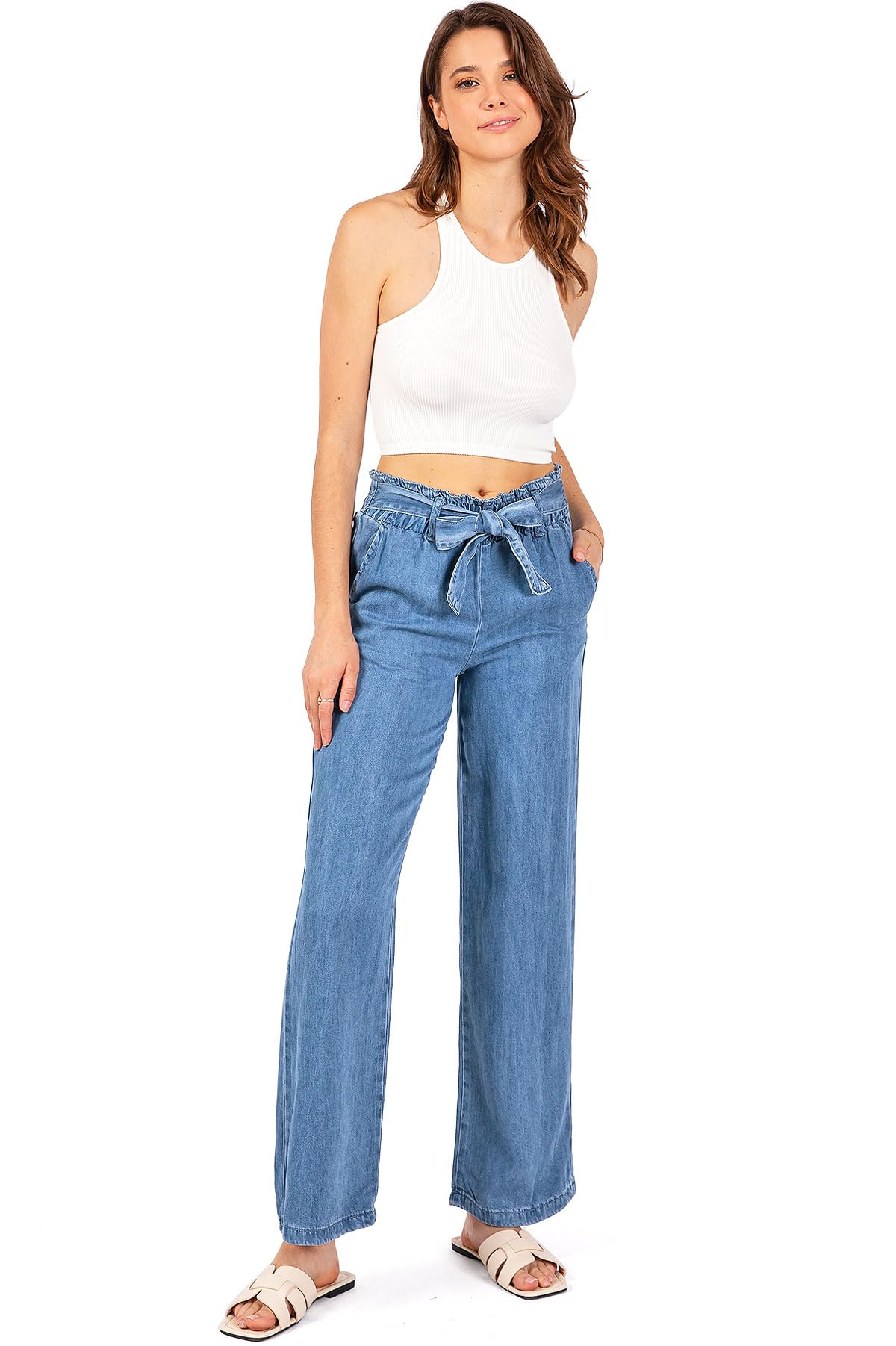 Women's Stretchy Wide Leg Jeans with Belt - Comfortable Lyocell Denim Pants for Juniors | Casual Wear, Office Outfits & Everyday Fashion