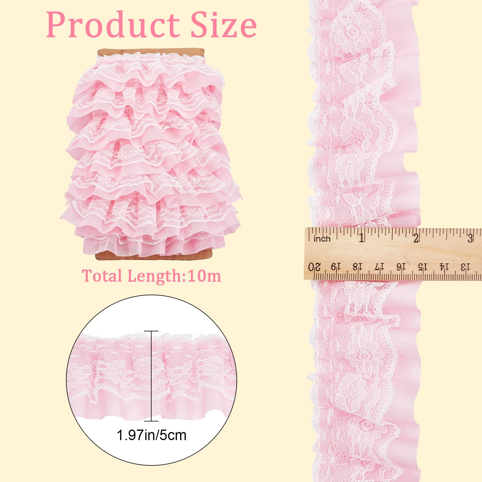 GORGECRAFT 11 Yards Pink Double-Layer Pleated Chiffon Lace Trim - 5cm Wide Ruffled Fabric Ribbon for DIY Sewing, Pillowcase Embellishments, Wedding Decor & Craft Projects - Perfect for Home Decor, Costume Design and Gift Wrapping