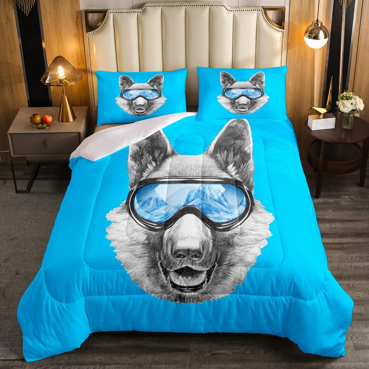 Cool Wolf Bedding Set for Kids - Safari Animal Print Comforter Set with Fun Sunglasses Design - Blue Wildlife Duvet Cover - Full Size Quilt for Boys & Girls Bedroom Decor - Perfect for Jungle Themed Rooms & Kids' Adventure Sleepovers