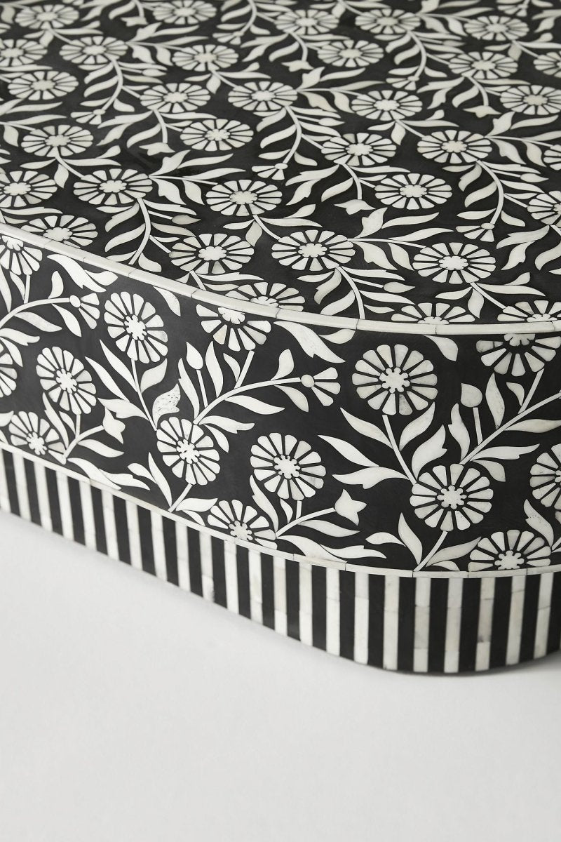 Handmade Bone Inlay Coffee Table - Black & White Floral Design Lalita Style - Perfect for Boho Living Room, Lounge Area & Home Decor