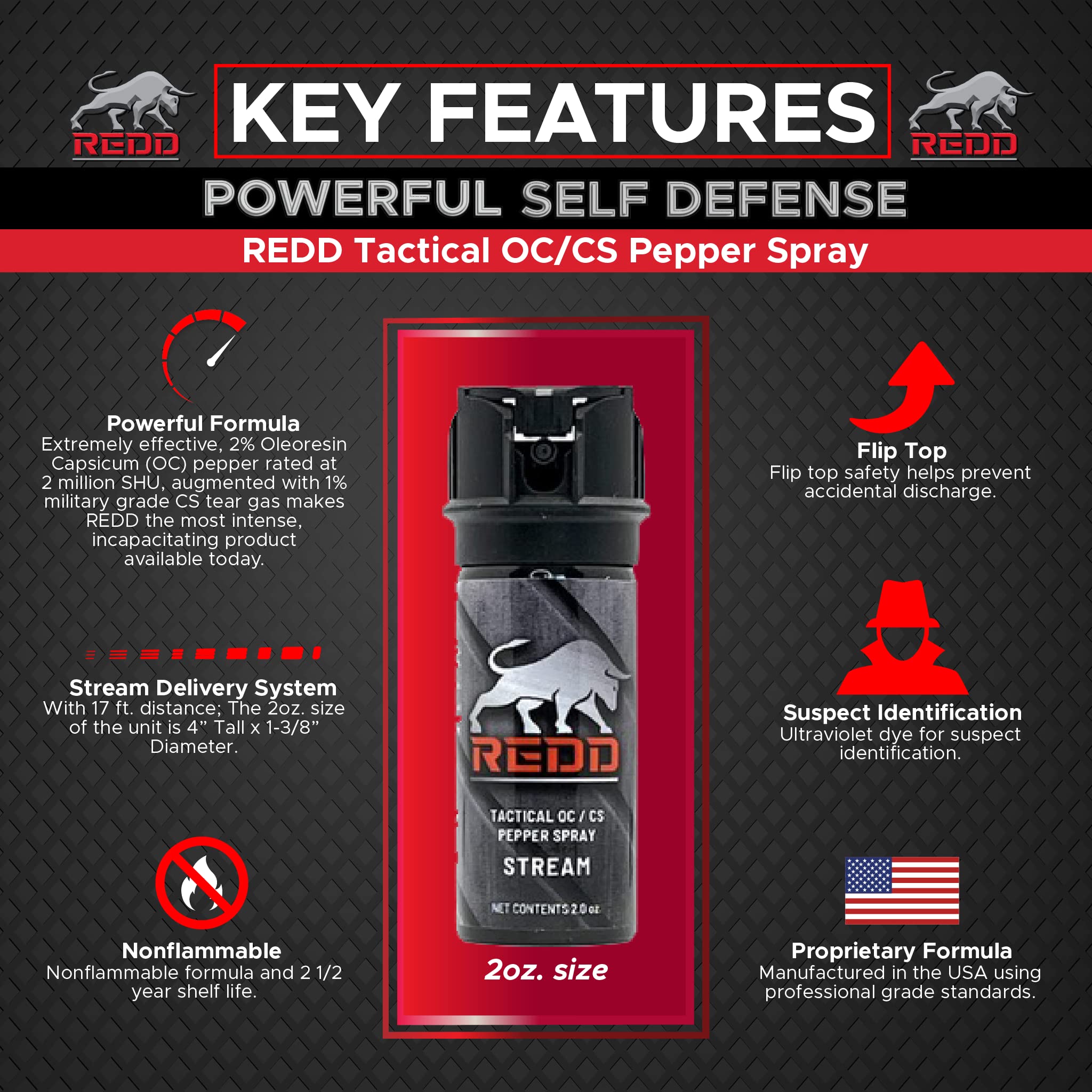 Redd Tactical OC/CS Pepper Spray - 2 oz Flip Top Stream for Self Defense, Hiking & Outdoor Safety