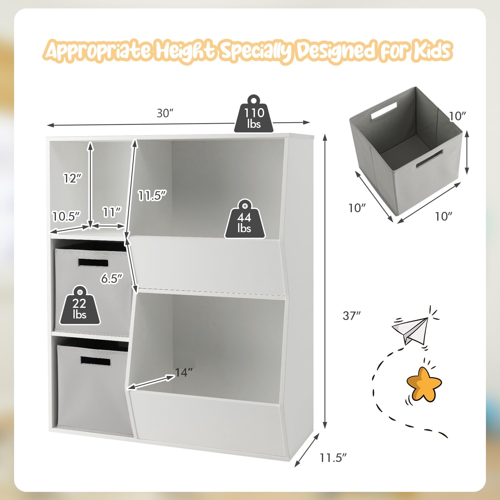 Costzon 5-Cubby Wooden Toy Storage Organizer with Bookcase & Bins - Kids Bookshelf & Toy Cabinet for Toddlers - Playroom, Nursery, Daycare & Living Room Storage Solution (White & Gray) - Perfect for Organizing Toys, Books & Kids' Essentials