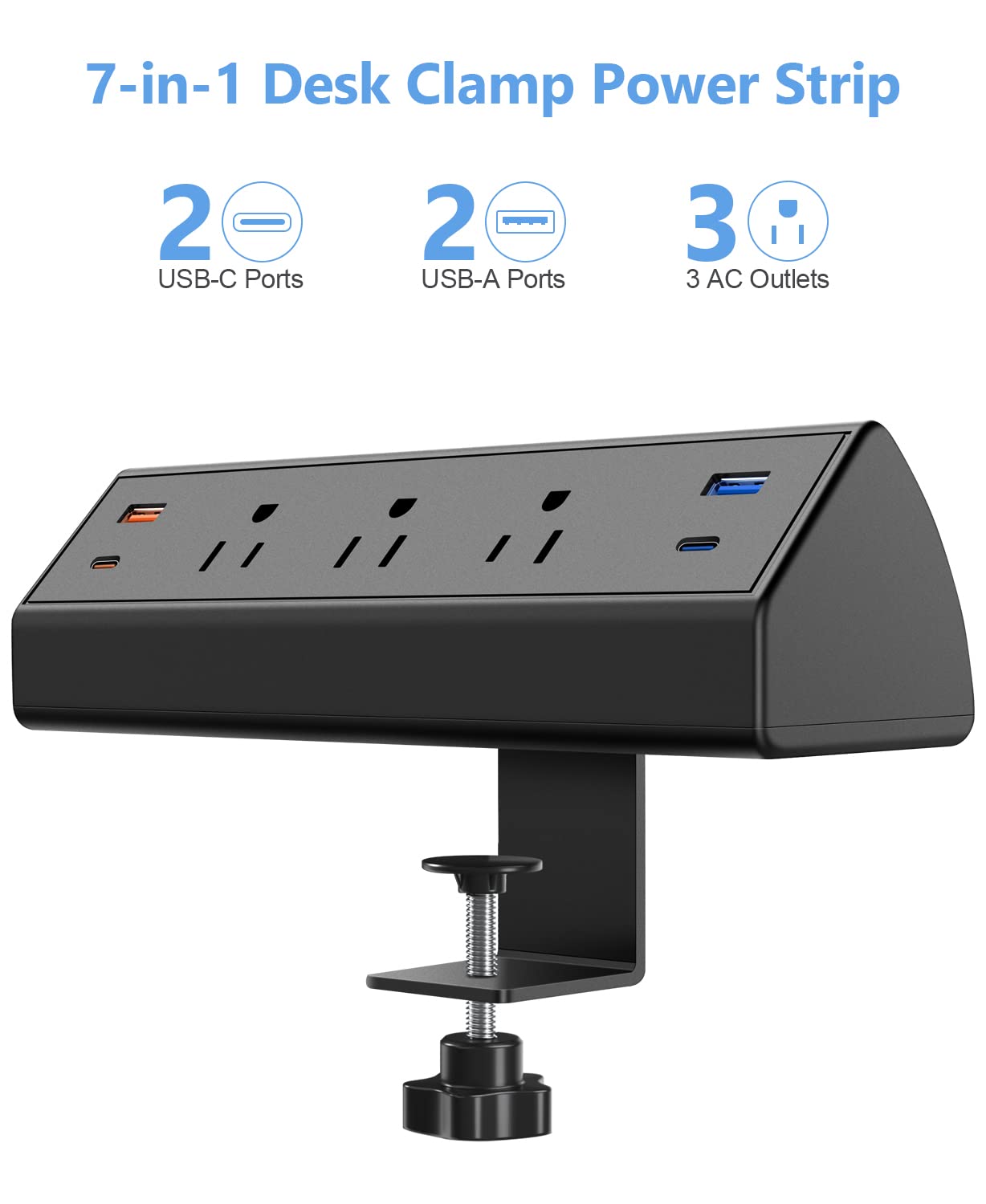 65W Fast Charging Desk Clamp Power Strip with USB-C Ports - Surge Protector with 3 Outlets & 6ft Cord for iPhone 14 Pro Max/iPad/MacBook Air - Perfect for Home Office, Gaming Setup & Bedside Charging (Black)