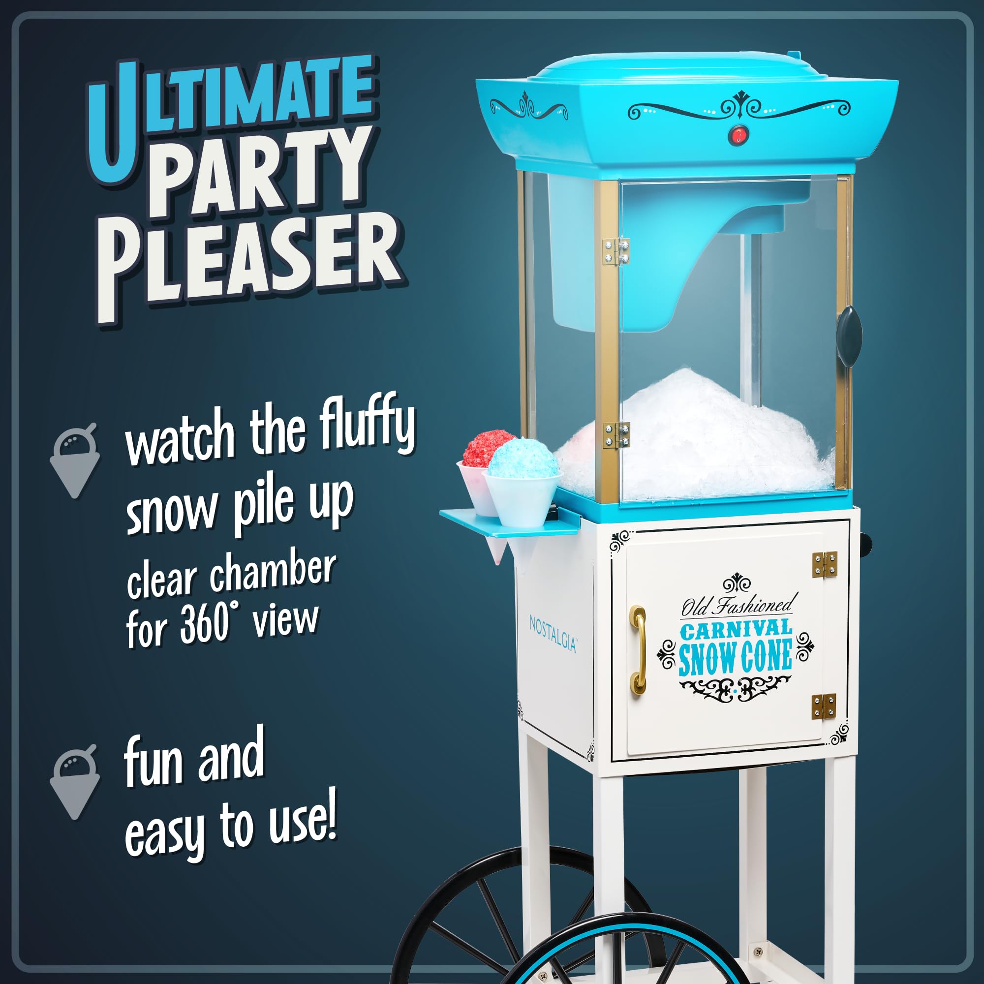 Nostalgia Retro Snow Cone & Shaved Ice Machine - Commercial-Grade Slushie Maker with Wheels for Easy Mobility - Includes Metal Scoop & Storage Compartment - Makes 48 Icy Treats - Perfect for Parties, Carnivals & Summer Events (White & Blue)