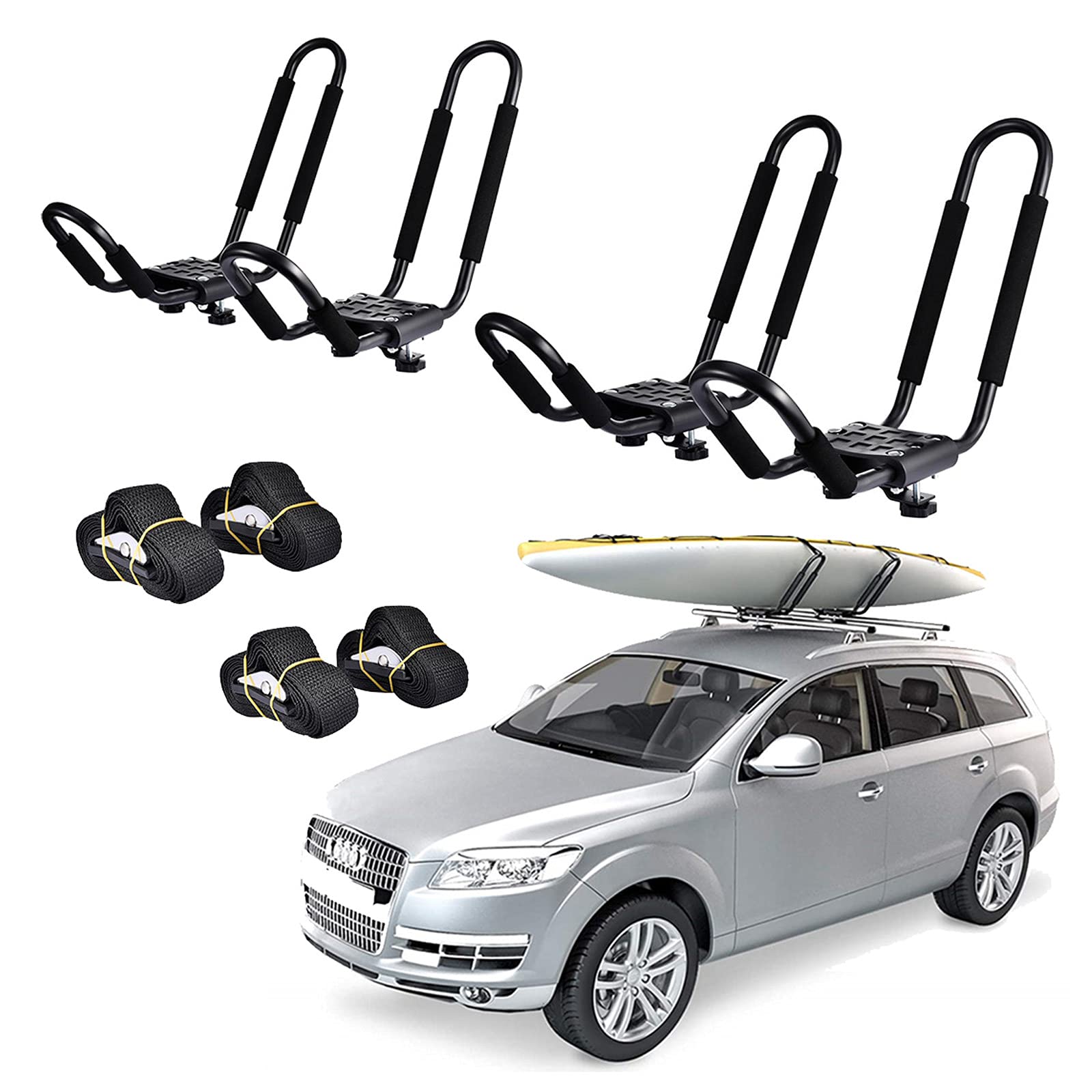 2 Pairs Universal Kayak Roof Rack J-Bar Set with 4 Heavy-Duty Tie Down Straps - Double Kayak Carrier for SUV, Truck, Sedan - Perfect for Outdoor Adventures, Camping & Water Sports