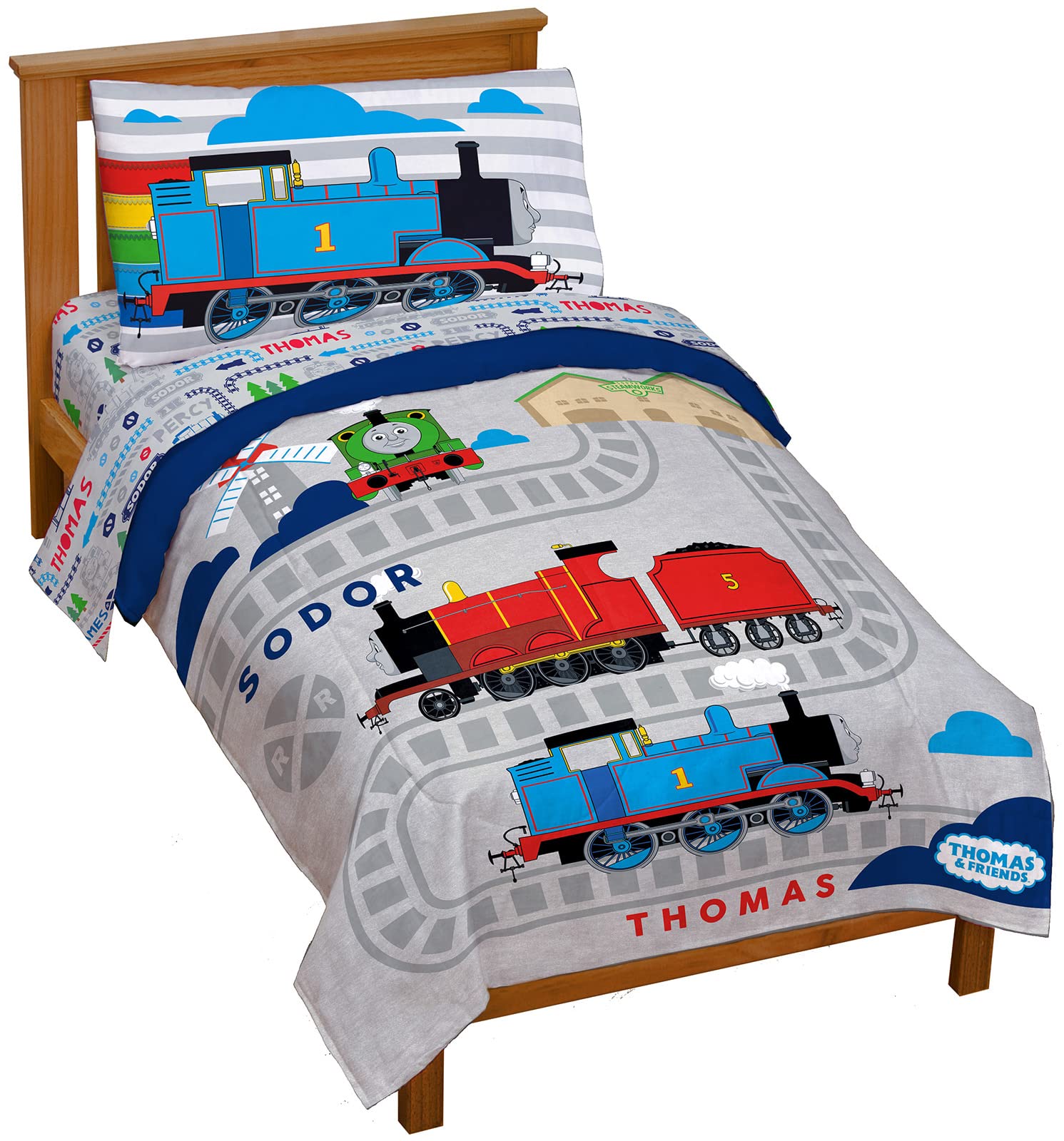 Jay Franco Thomas & Friends Rail Run 4-Piece Toddler Bedding Set - Super Soft Fade Resistant Microfiber Comforter & Sheet Set - Official Mattel Licensed Product for Kids' Room Decor & Nursery Bedding
