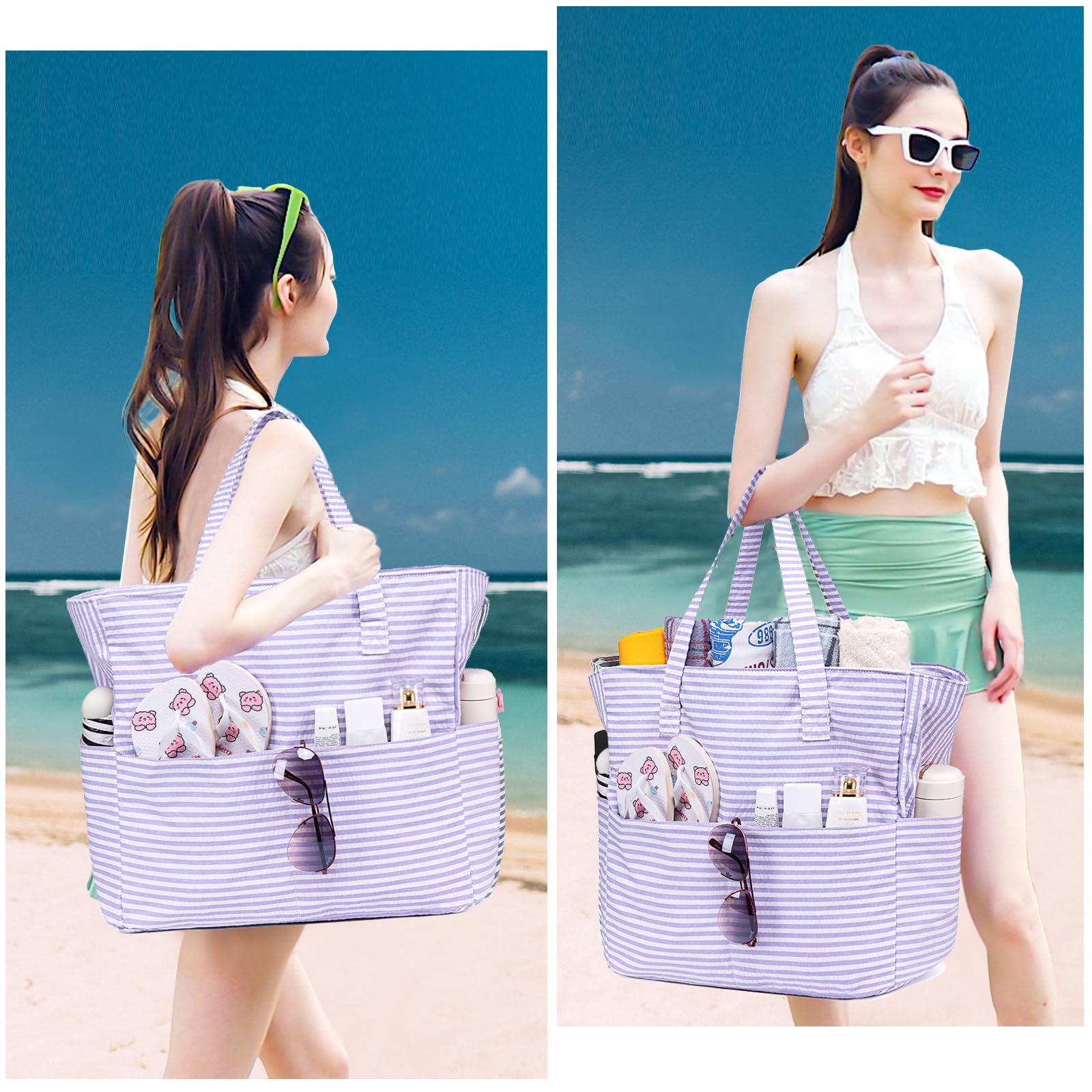 Waterproof Sandproof Beach Tote Bag for Women - Large Zippered Pool Bag with Wet Pocket, Perfect for Gym, Grocery Shopping, Travel & Outdoor Activities