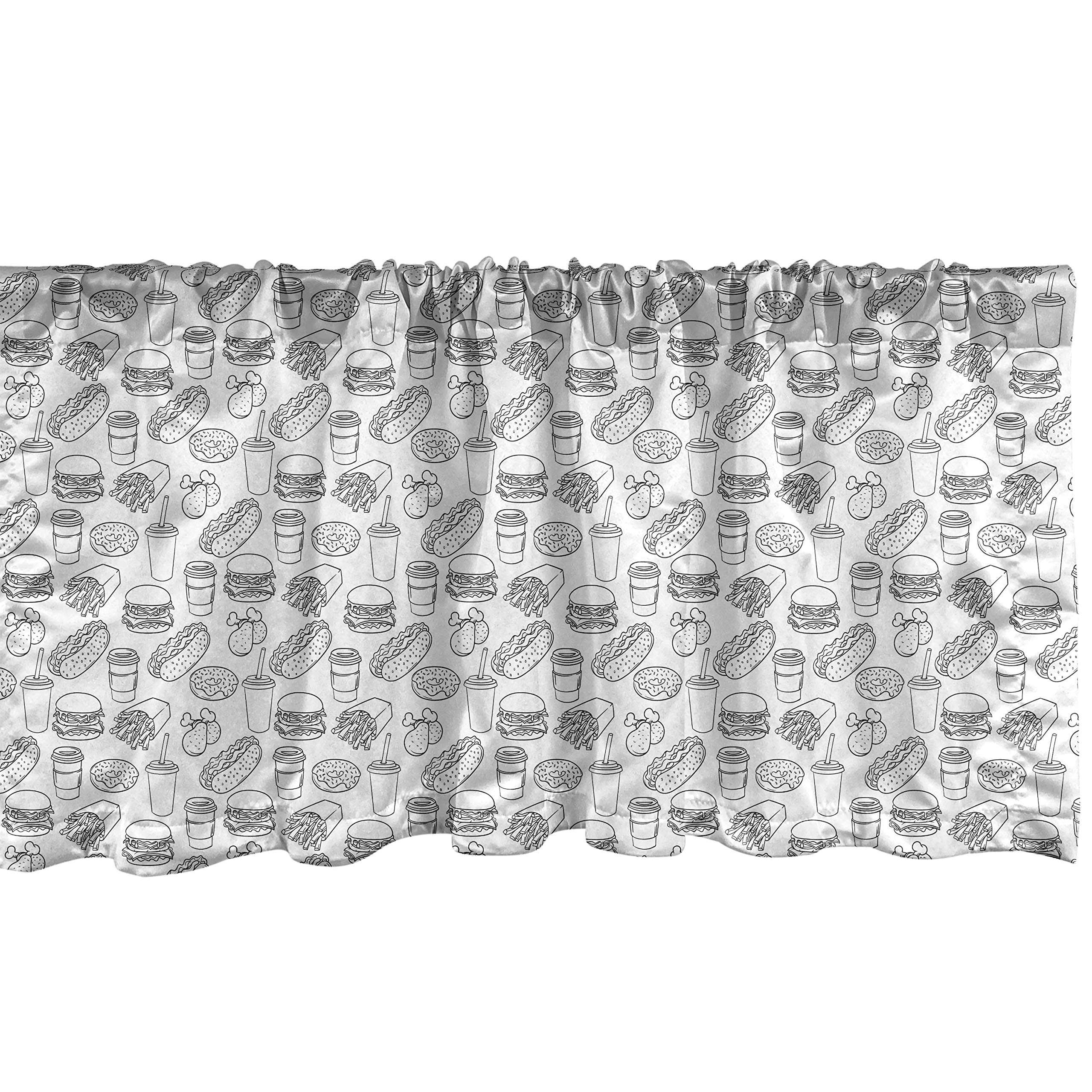 Ambesonne Food Themed Window Valance - Burger, Chicken Leg, Donuts & French Fries Print Kitchen Curtain with Rod Pocket, 54 x 18 Inches, White & Pale Grey - Perfect for Kitchen, Diner or Bedroom Decor