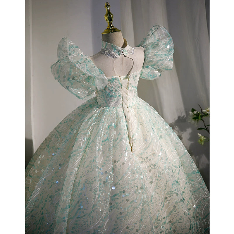 Elegant Mint Green Princess Floor-Length Sequined Flower Girl Dress for Weddings, Pageants & Special Occasions