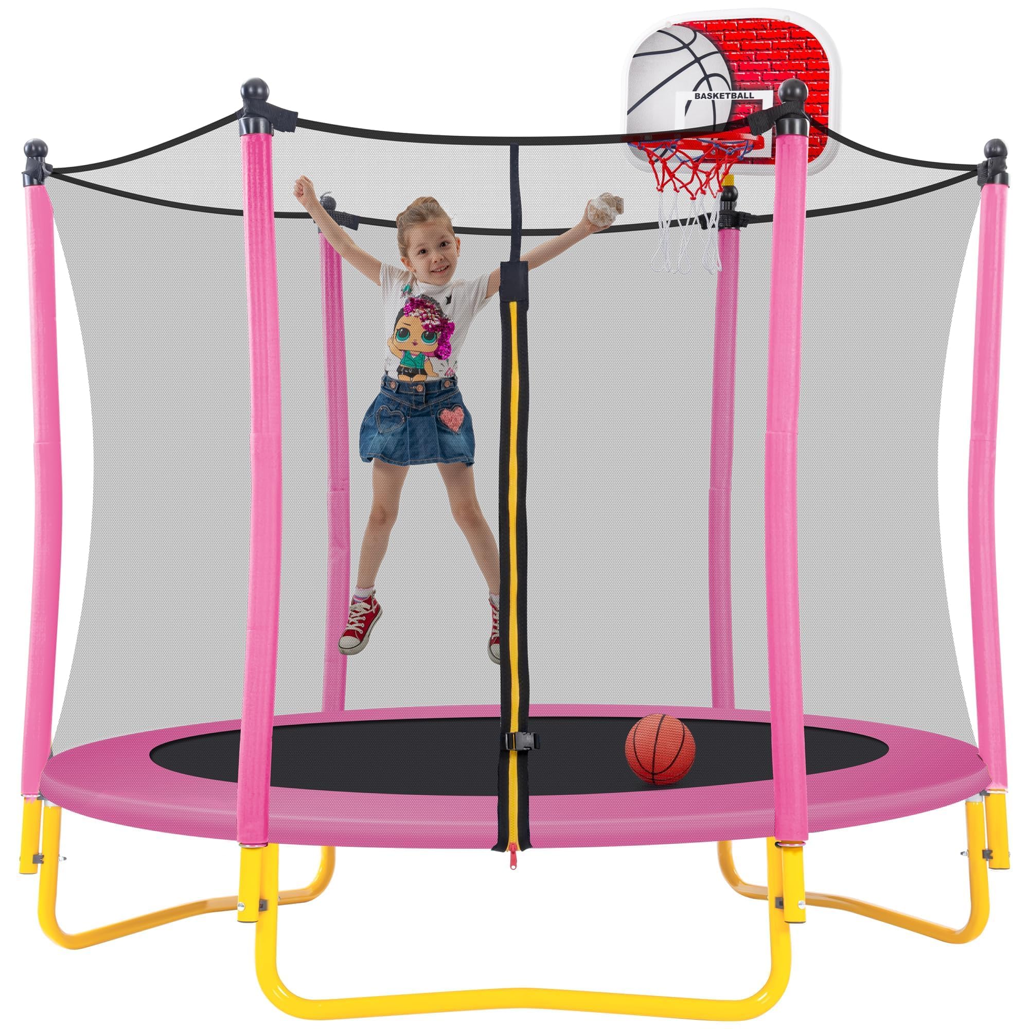 **Merax 66'' Kids Trampoline with Basketball Hoop, Rubber Ball & Safety Enclosure Net – 5.5FT Mini Trampoline for Toddlers (Ages 1-8) – Indoor & Outdoor Use – Perfect Birthday Gift for Active Play & Exercise**