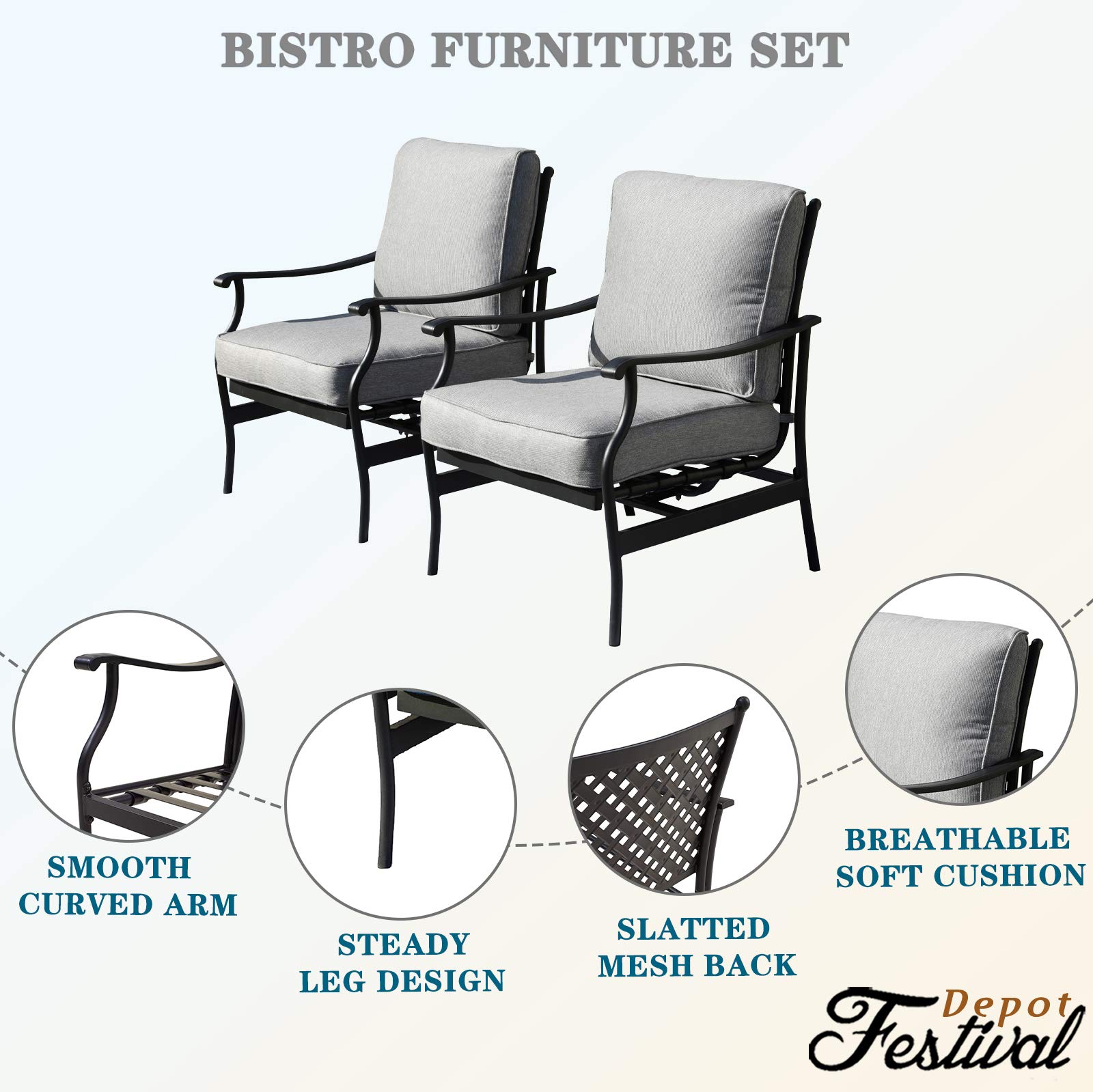 Premium Outdoor Patio Bistro Dining Chairs Set of 2 with Thick Cushions - Durable Metal Frame & Comfortable Fabric - Perfect for Garden, Backyard, Restaurant or Cafe Seating (Grey)