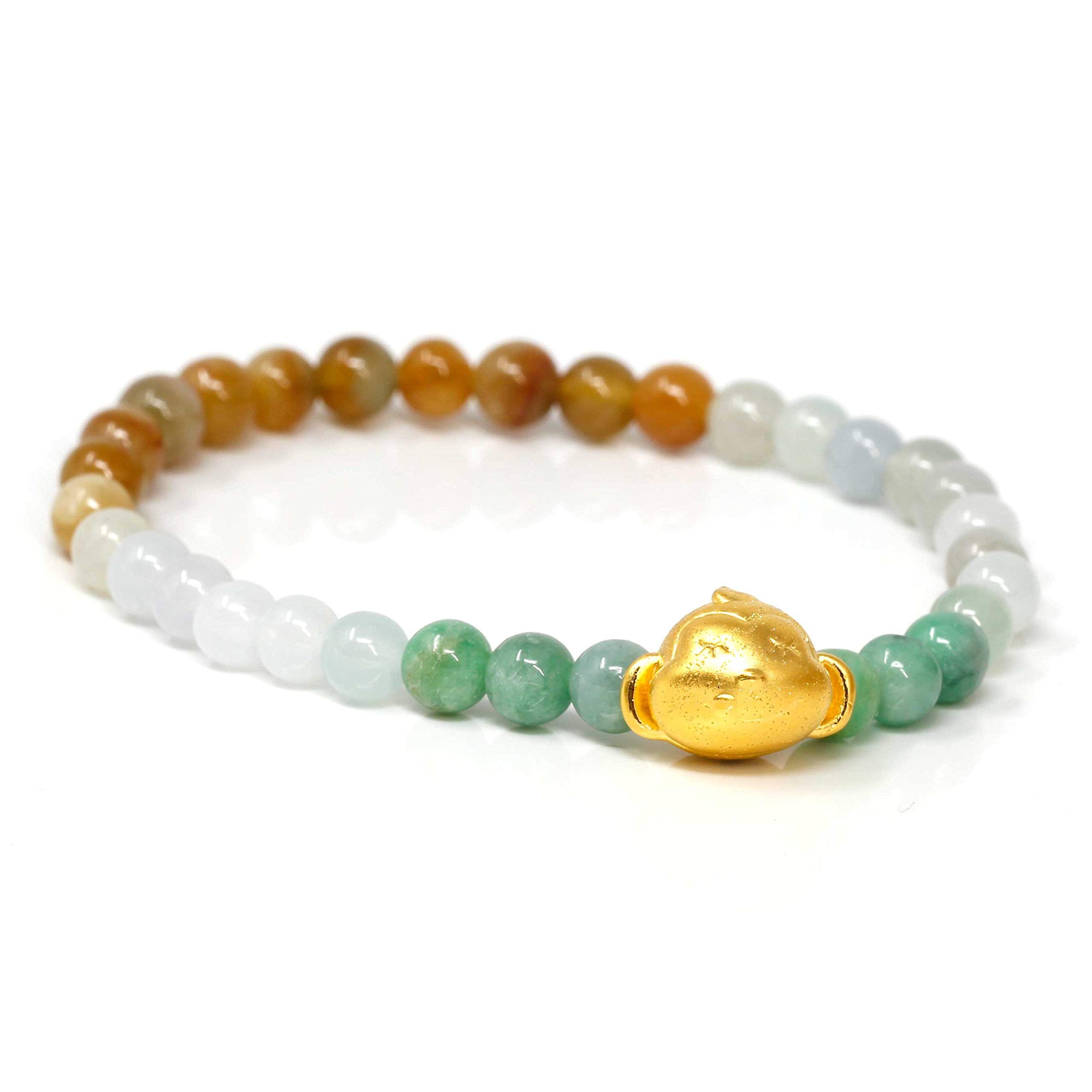 Baikalla Elegant Jadeite Stretch Bracelet with 24K Gold Monkey Charm - Adjustable Beaded Bangle for Women, Feng Shui Jewelry Gift for Good Luck & Protection - Perfect for Daily Wear, Meditation & Spiritual Healing