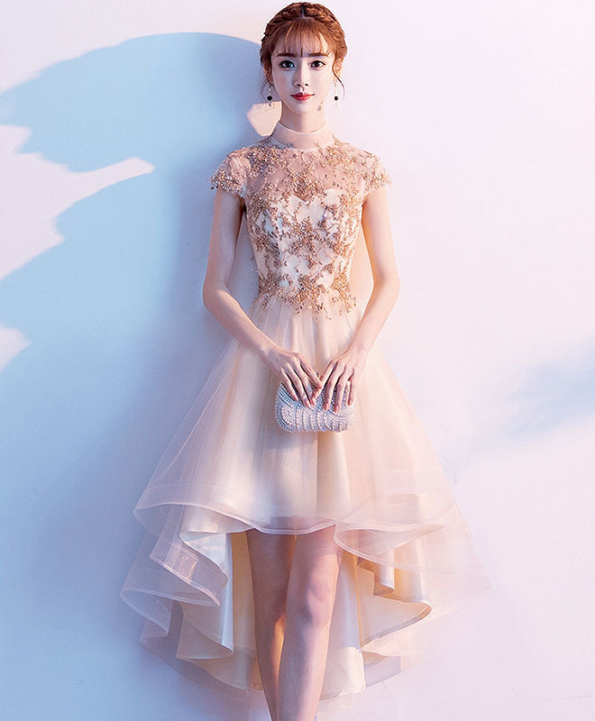 Elegant Champagne Tulle Lace High-Low Prom Dress for Homecoming - Perfect for Formal Dances, Graduation Parties & Special Occasions