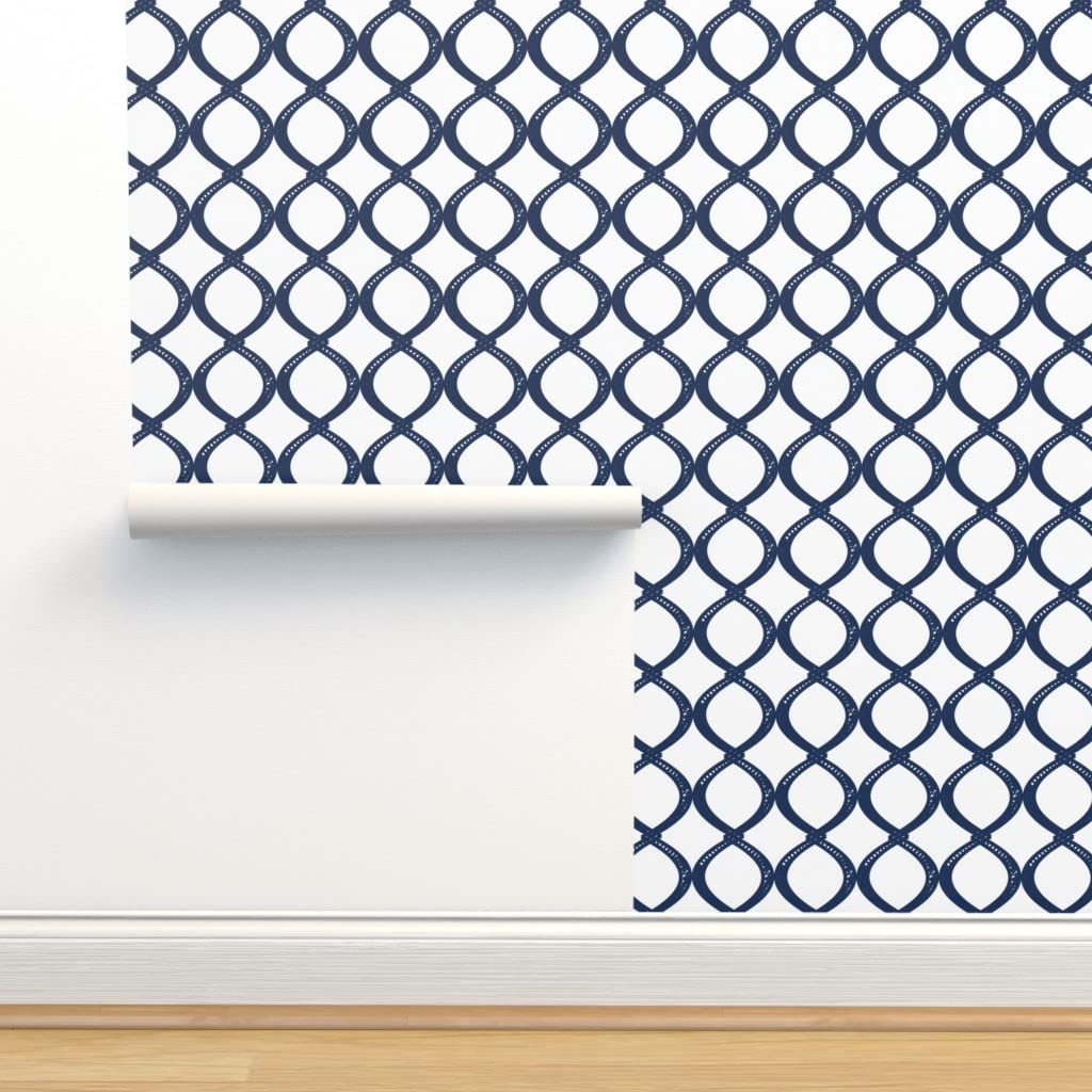 Removable Wallpaper Swatch - Fish White Nautical Coastal Navy Blue Geometric Circles Custom Pre-Pasted Wallpaper by Spoonflower | Perfect for Nursery, Bathroom, Kitchen & Home Office Decor