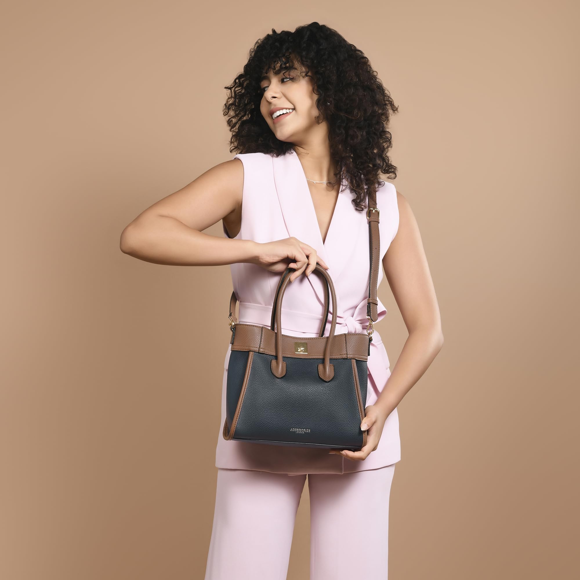 Accessorize London Women's Dual Tone Satchel Handbag with Detachable Adjustable Strap - Stylish Tote Purse for Office, Work & Everyday Use | Professional Women's Work Bag | Fashionable Shoulder Bag for Business, Commuting & Travel