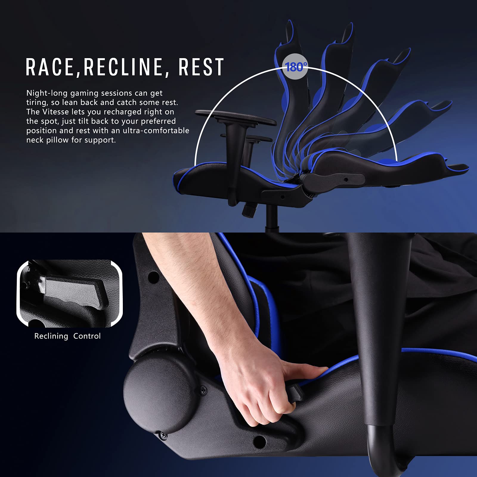 PUKAMI Ergonomic Gaming Chair for Teens - High Back Racing Style Computer Desk Chair with Adjustable Height, Massage Lumbar Support & Headrest - Perfect for Esports, Streaming & Home Office (Blue)