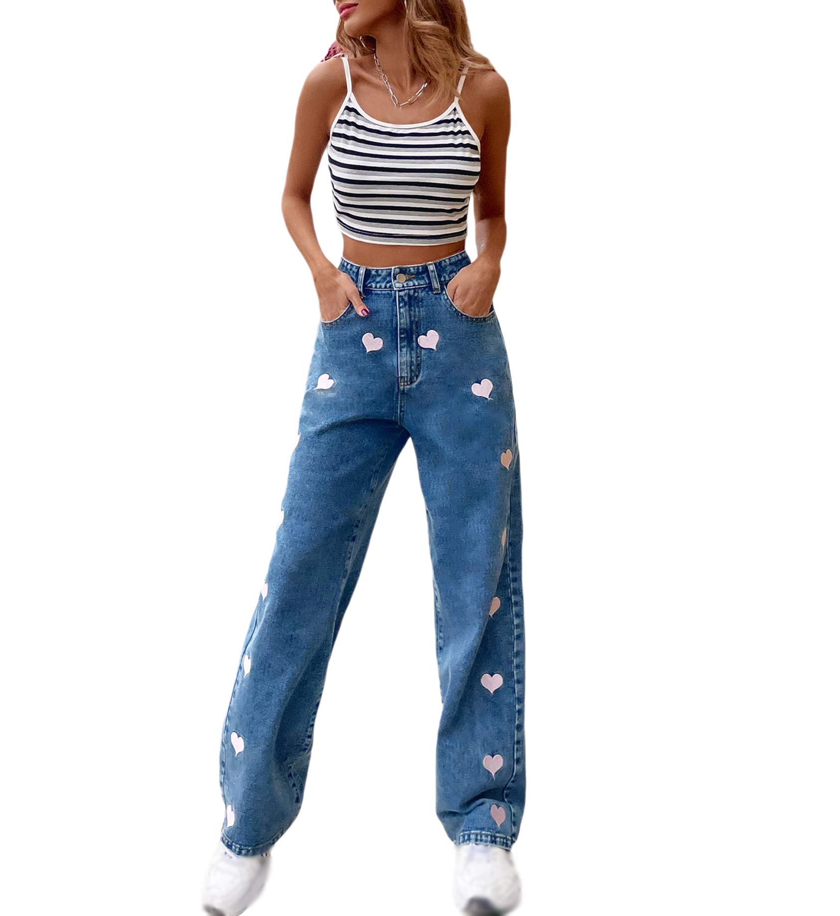 ZHYA Women's High Waist Wide Leg Denim Jeans - Y2K Patchwork Baggy Pants with Side Pockets | Casual Streetwear for Everyday Wear, Party Outfits & Fashion Trends