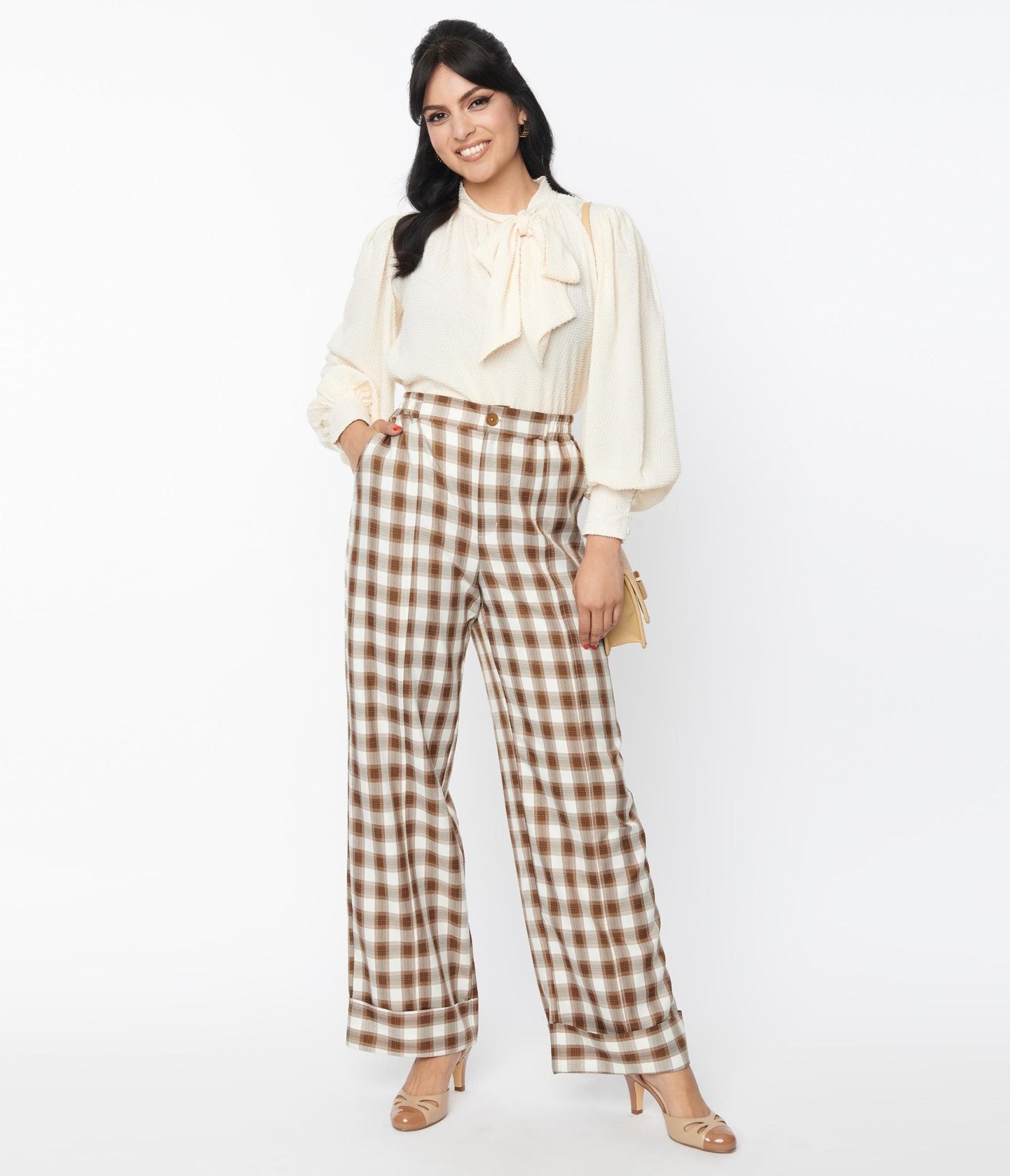 Vintage 1940s Brown & Ivory Plaid Wide Cuff Pants - Retro High Waist Trousers for Women | Perfect for Themed Parties, Cosplay & Vintage Fashion Outfits