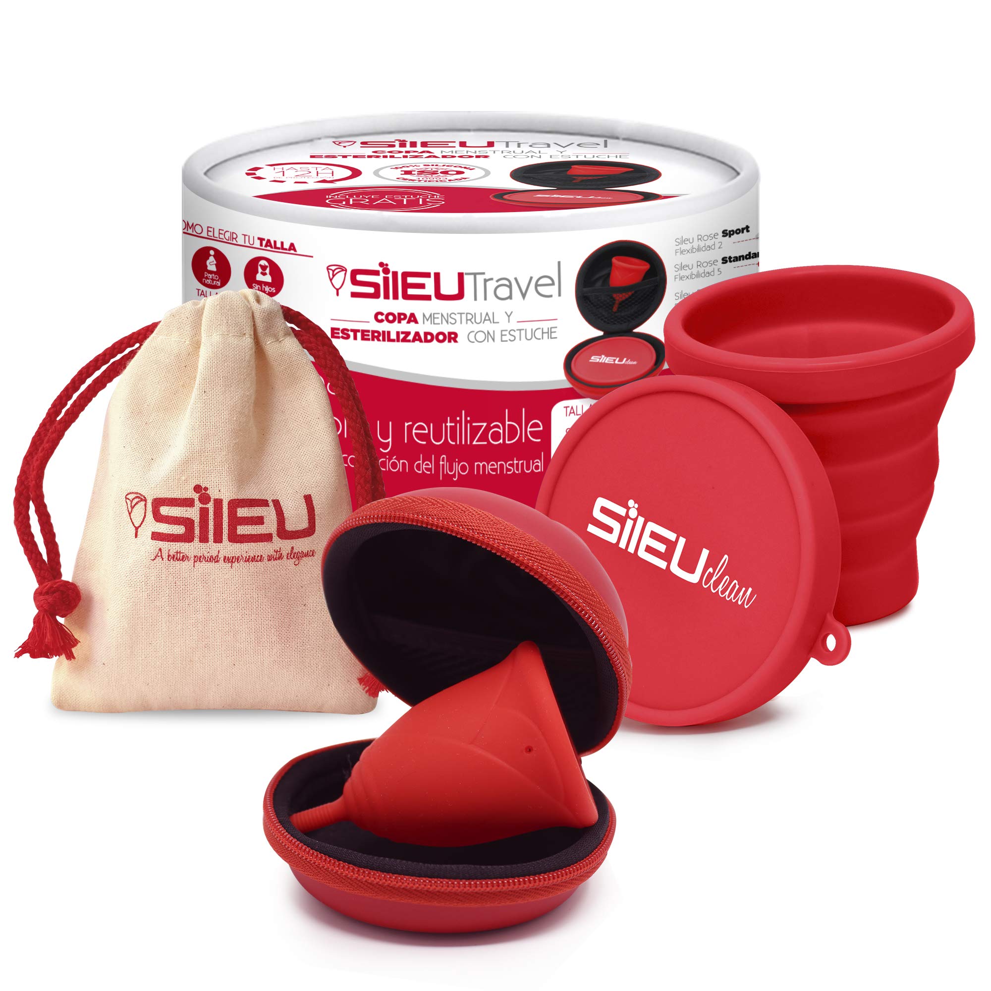 Sileu Travel Menstrual Cup - Rose Starter Kit Size XS (Red) with Flexible Standard Cup, Flower Case & Foldable Sterilizer | Perfect for Active Women, Travel & Eco-Friendly Period Care