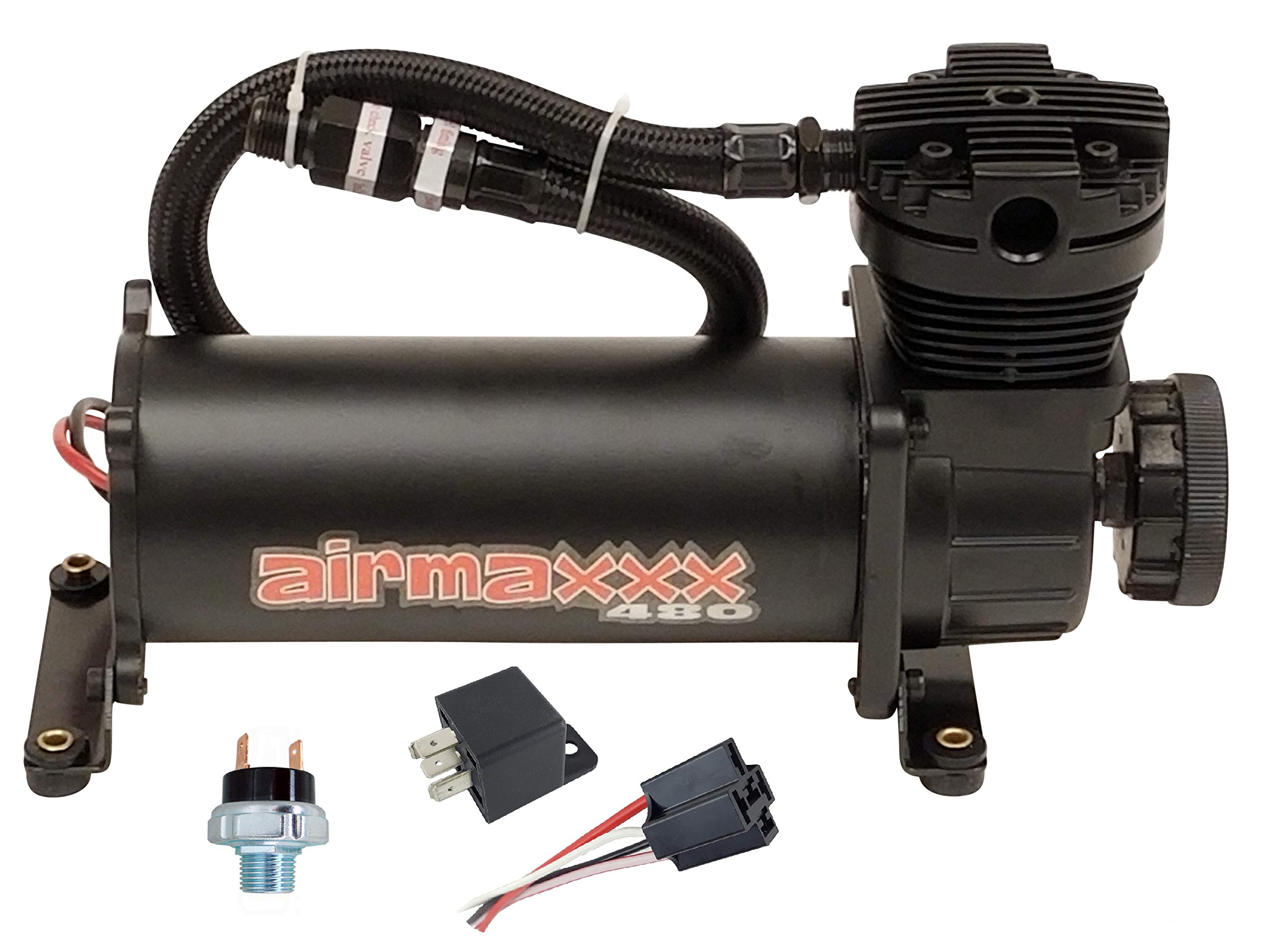 Airmaxxx 480 Black Air Compressor with Relay & Pressure Switch (90/120 PSI) - Ideal for Home Garage, Auto Repair, and DIY Pneumatic Tools