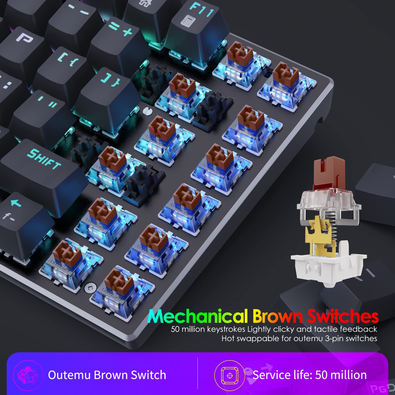 HUO JI E-Yooso Z-88 RGB Mechanical Gaming Keyboard - 81 Key Compact Design with Metal Panel & Hot-Swappable Brown Switches for Mac/PC (Black) - Perfect for Gaming, Office Work & Typing Enthusiasts