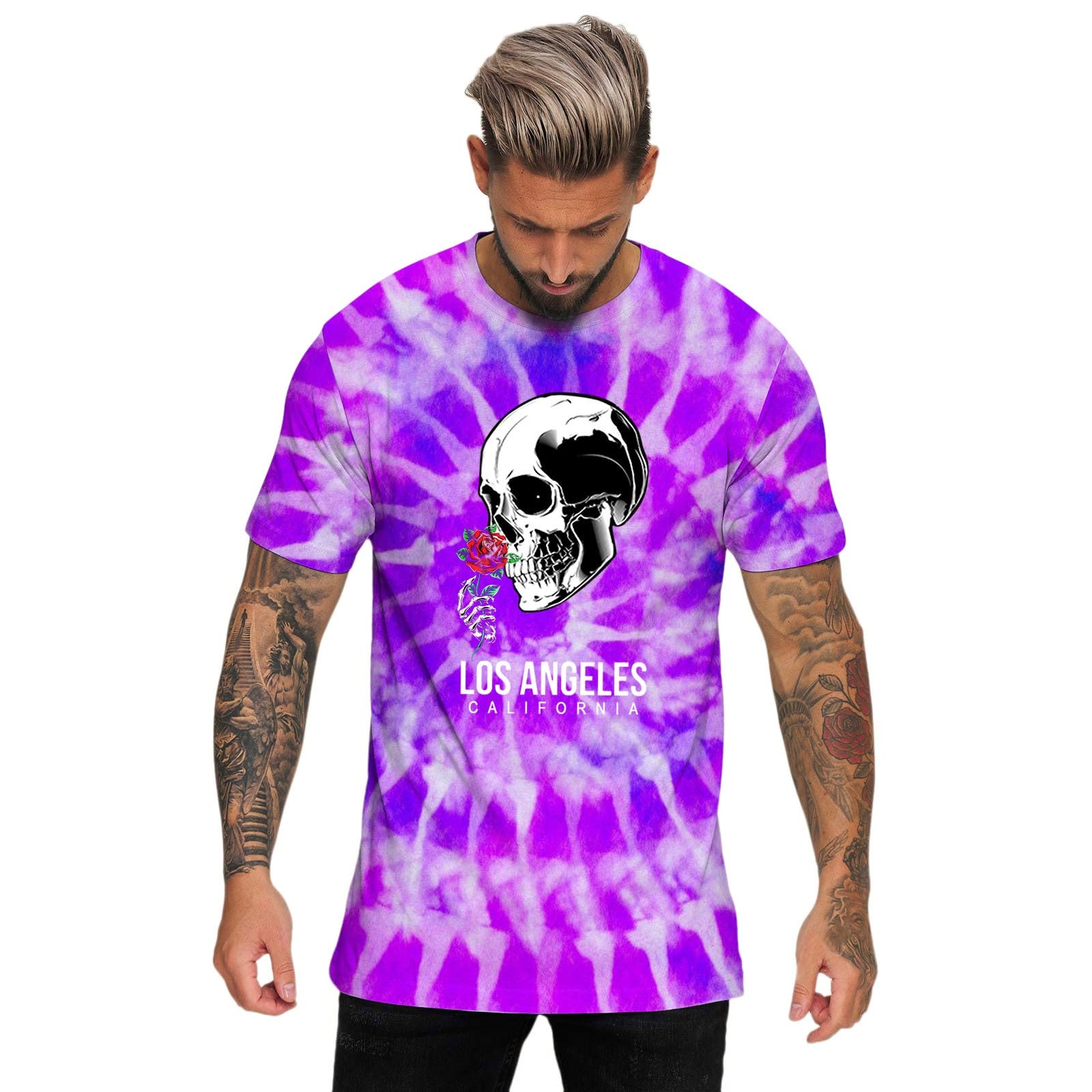 XXBR Men's Vintage Street Short Sleeve T-Shirt - Skull & Rose Print Hip Hop Tee for Workout, Casual Wear & Summer Outfits | Trendy Tie-Dye Design for Streetwear, Gym & Everyday Fashion