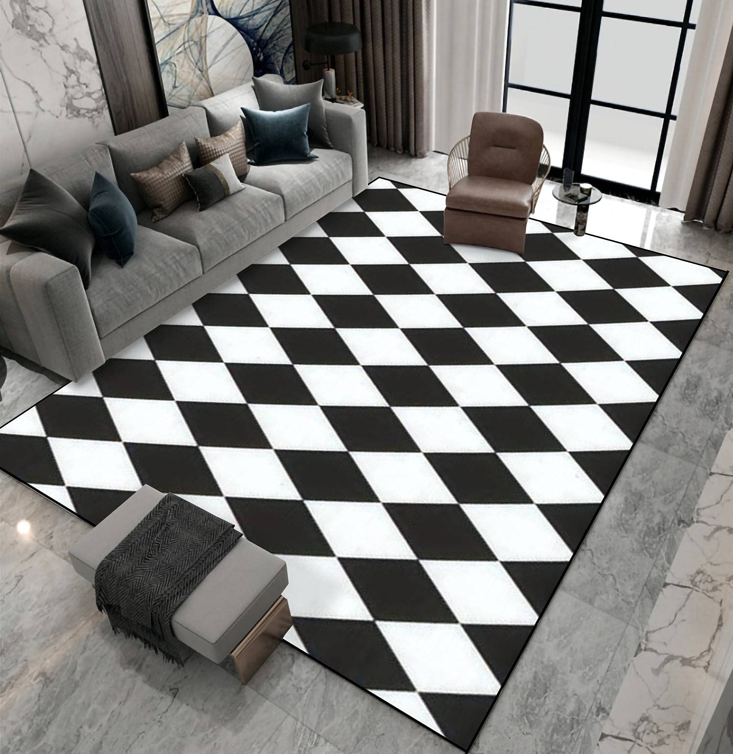 Non-Slip Area Rug - Black & White Diamond Pattern Indoor/Outdoor Carpet for Living Room, Bedroom, Kids Room | Home Decor Floor Mat, Yoga Mat & Patio Rug - Perfect for Home, Office & Gym Use